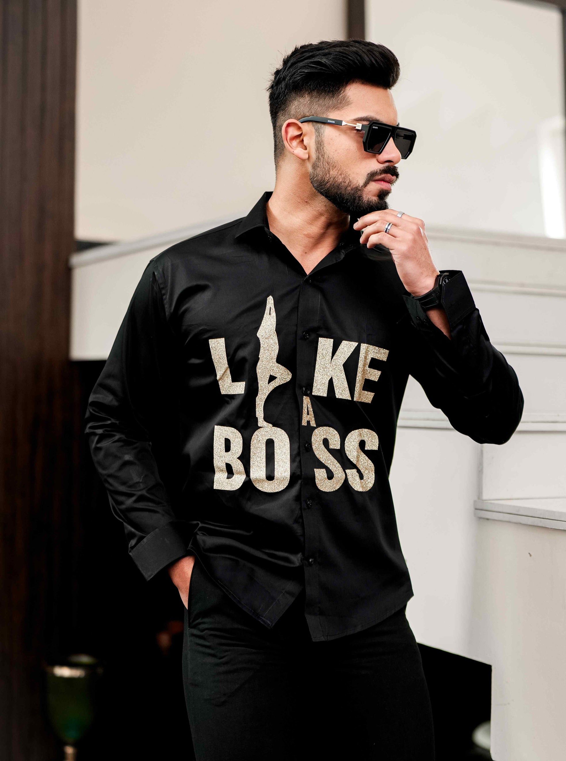 Black Club Wear Like A Boss Printed Satin Cotton Shirt