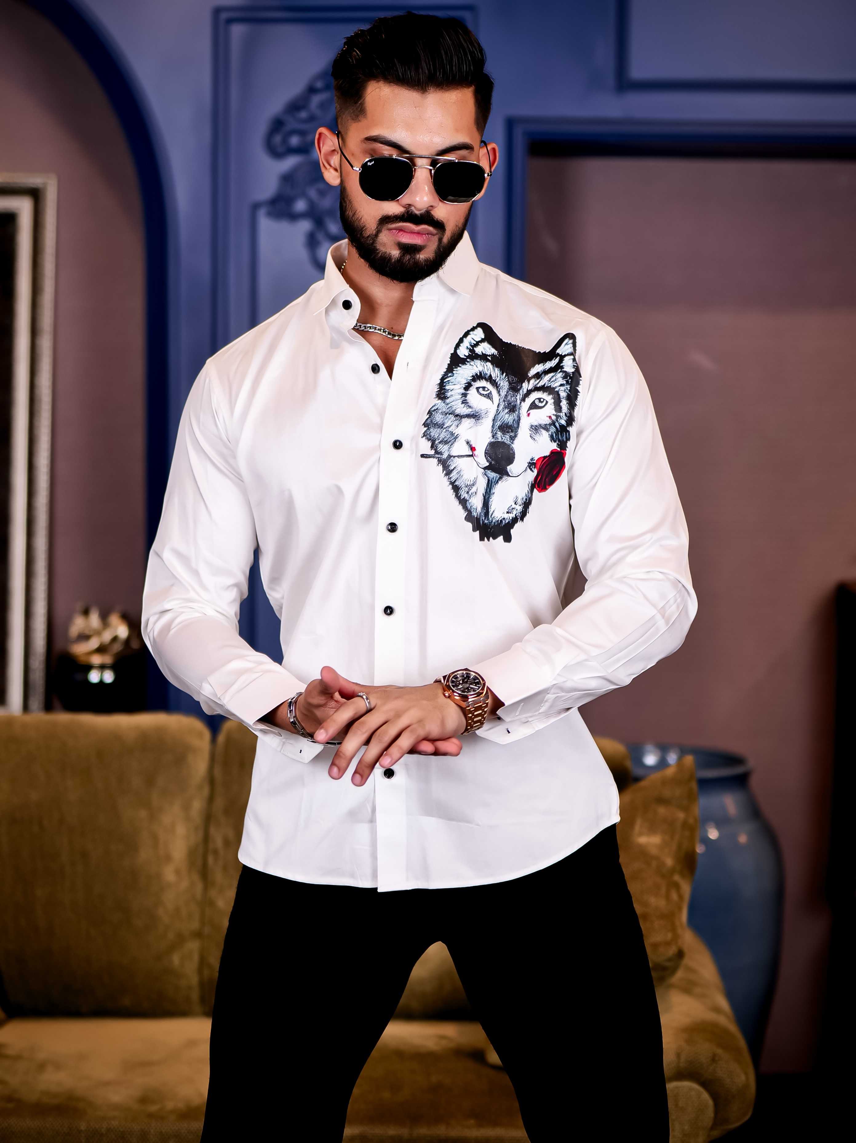 Wolf Love White Club Wear Printed Satin Cotton Shirt