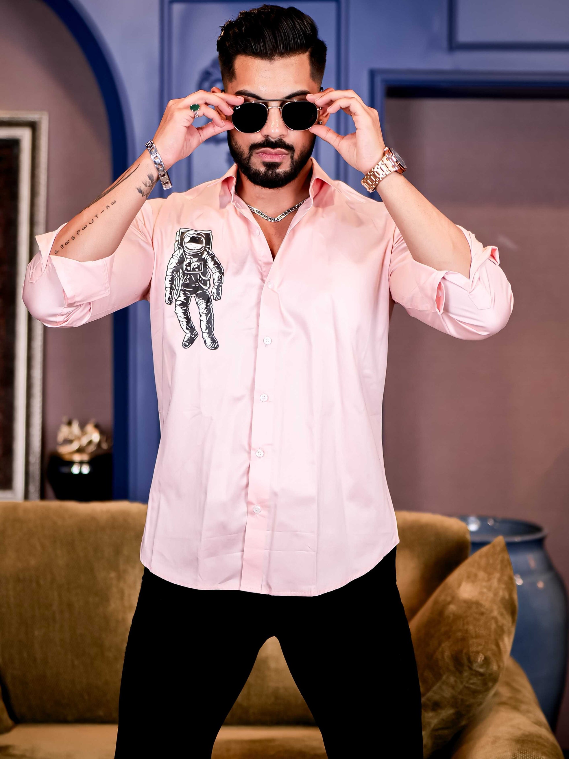 Light Pink Club Wear Astronauts Printed Satin Cotton Shirt