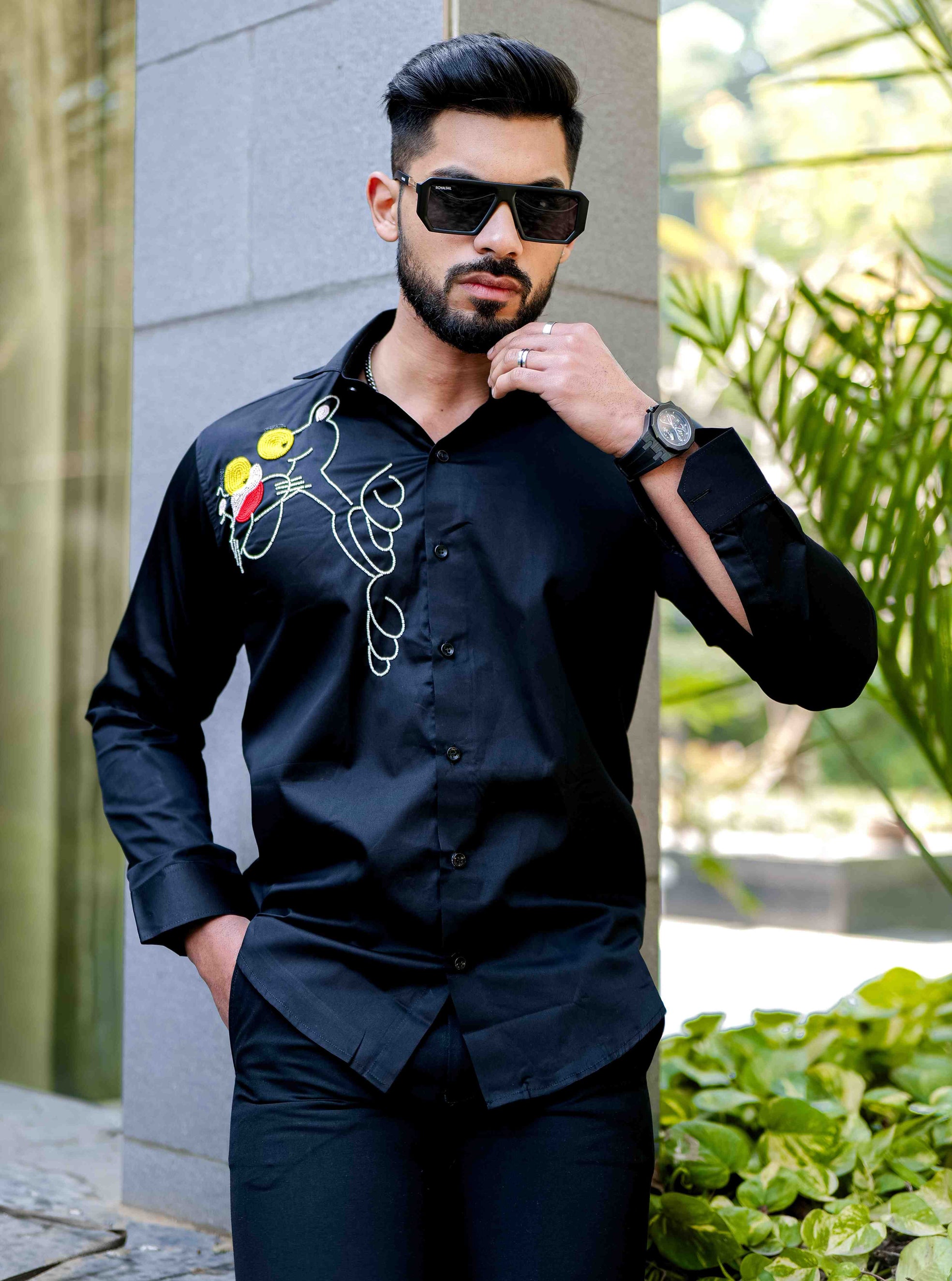 Black Rhinestone Party Satin Cotton Premium Shirt