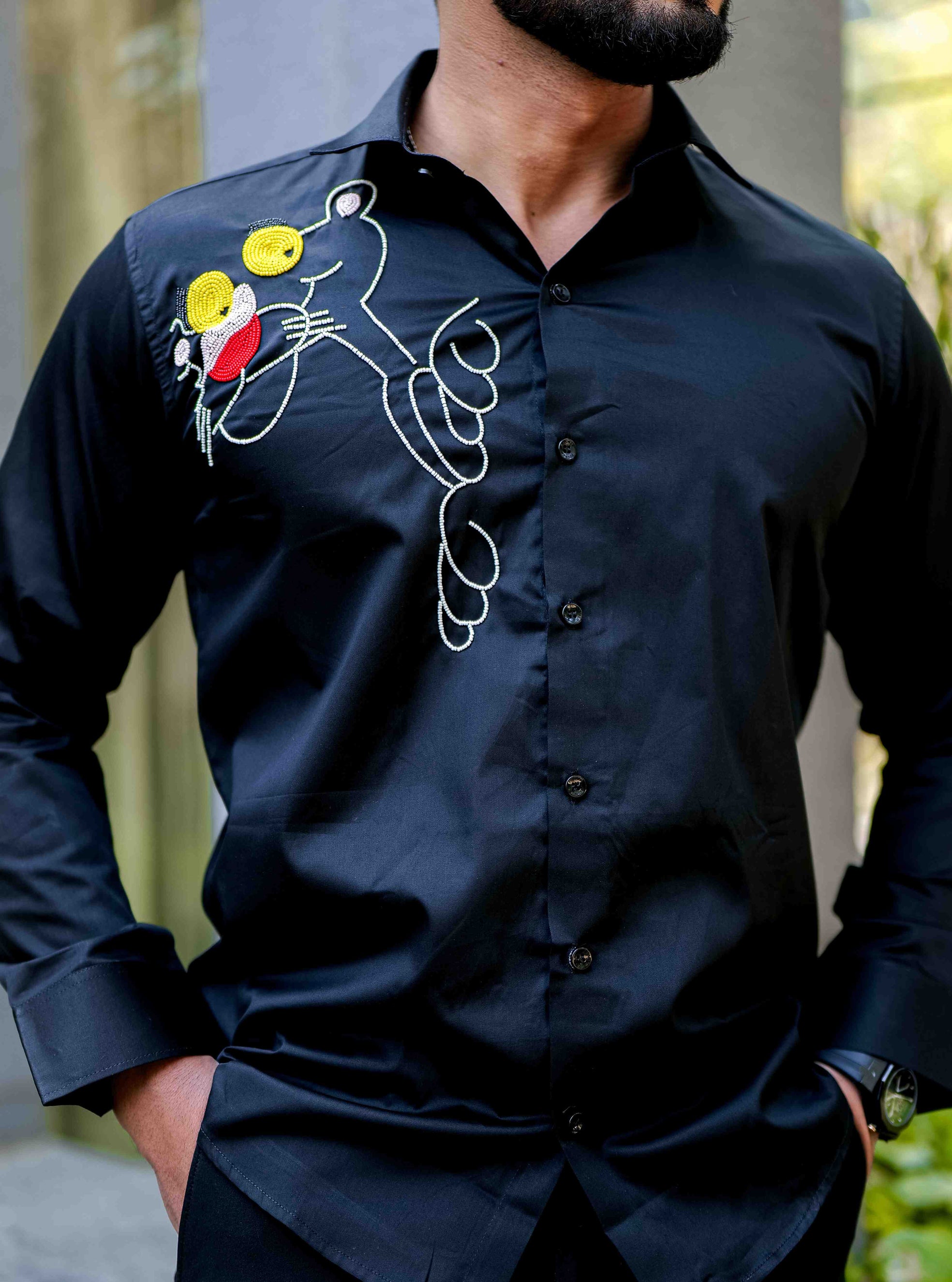 Black Rhinestone Party Satin Cotton Premium Shirt