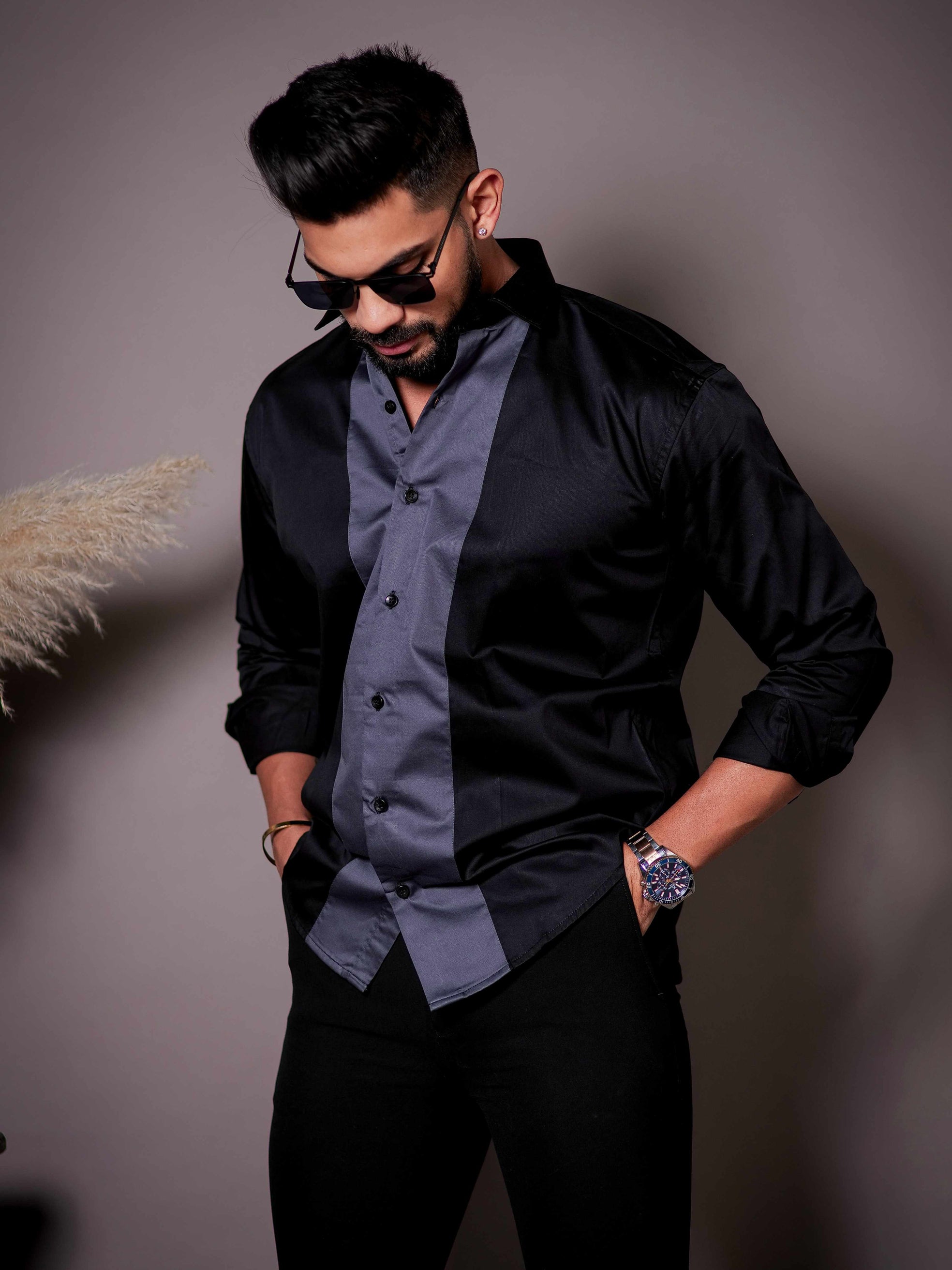 Black And Dark Grey Designer Satin Cotton Shirt