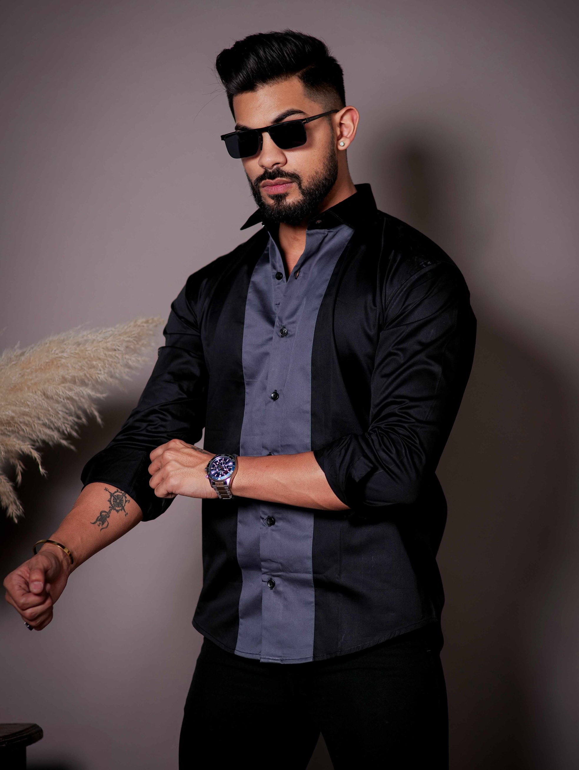 Black And Dark Grey Designer Satin Cotton Shirt