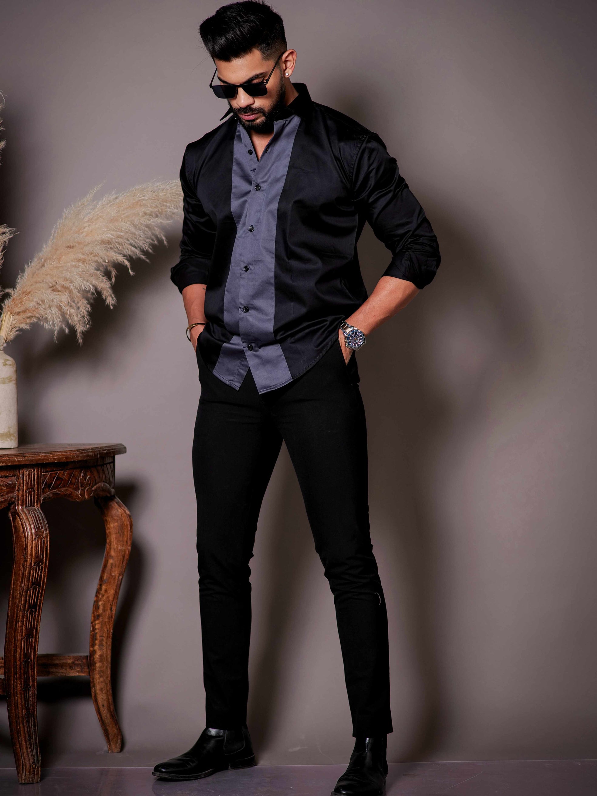 Black And Dark Grey Designer Satin Cotton Shirt