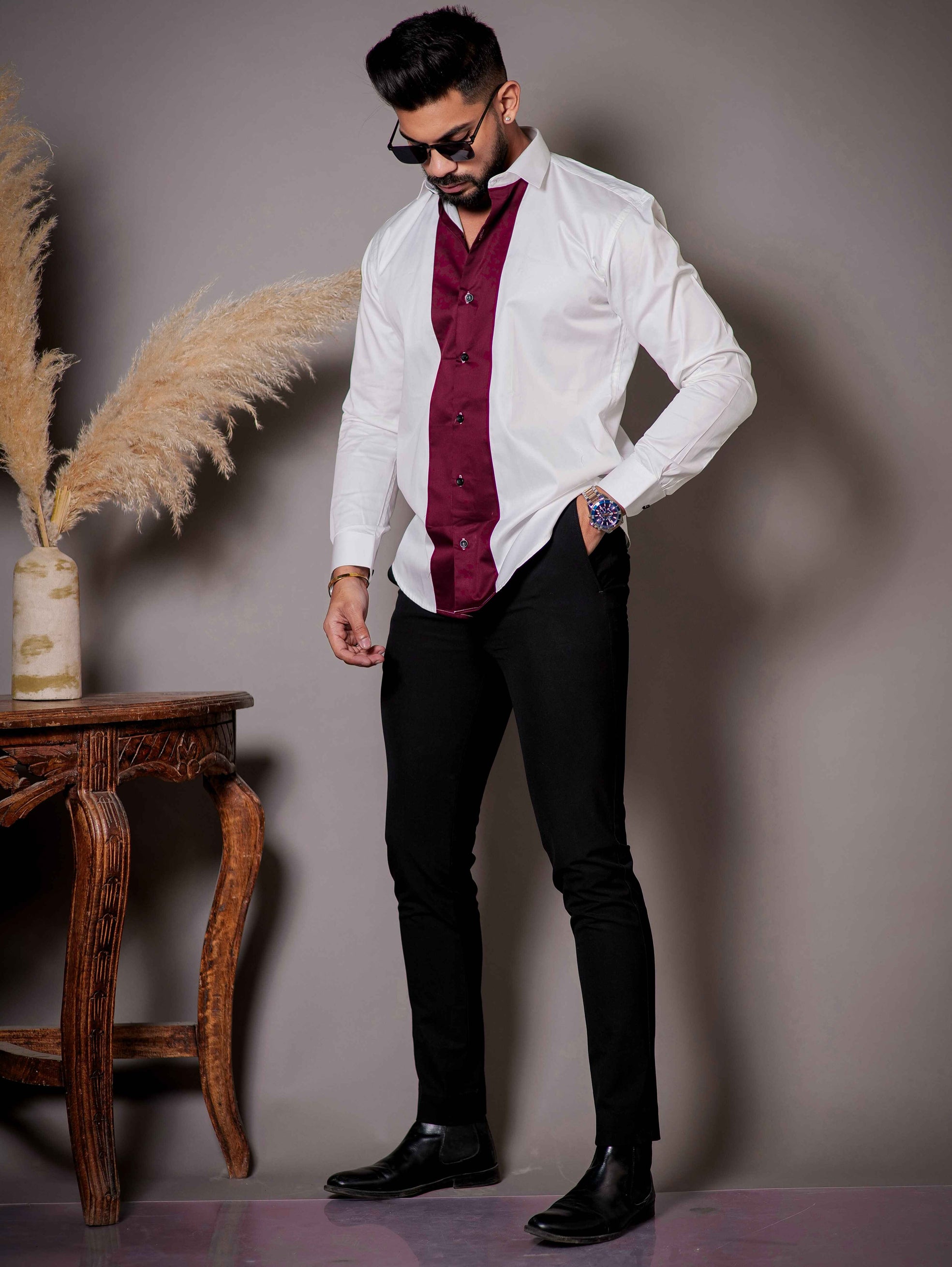 White And Maroon Designer Satin Cotton Shirt