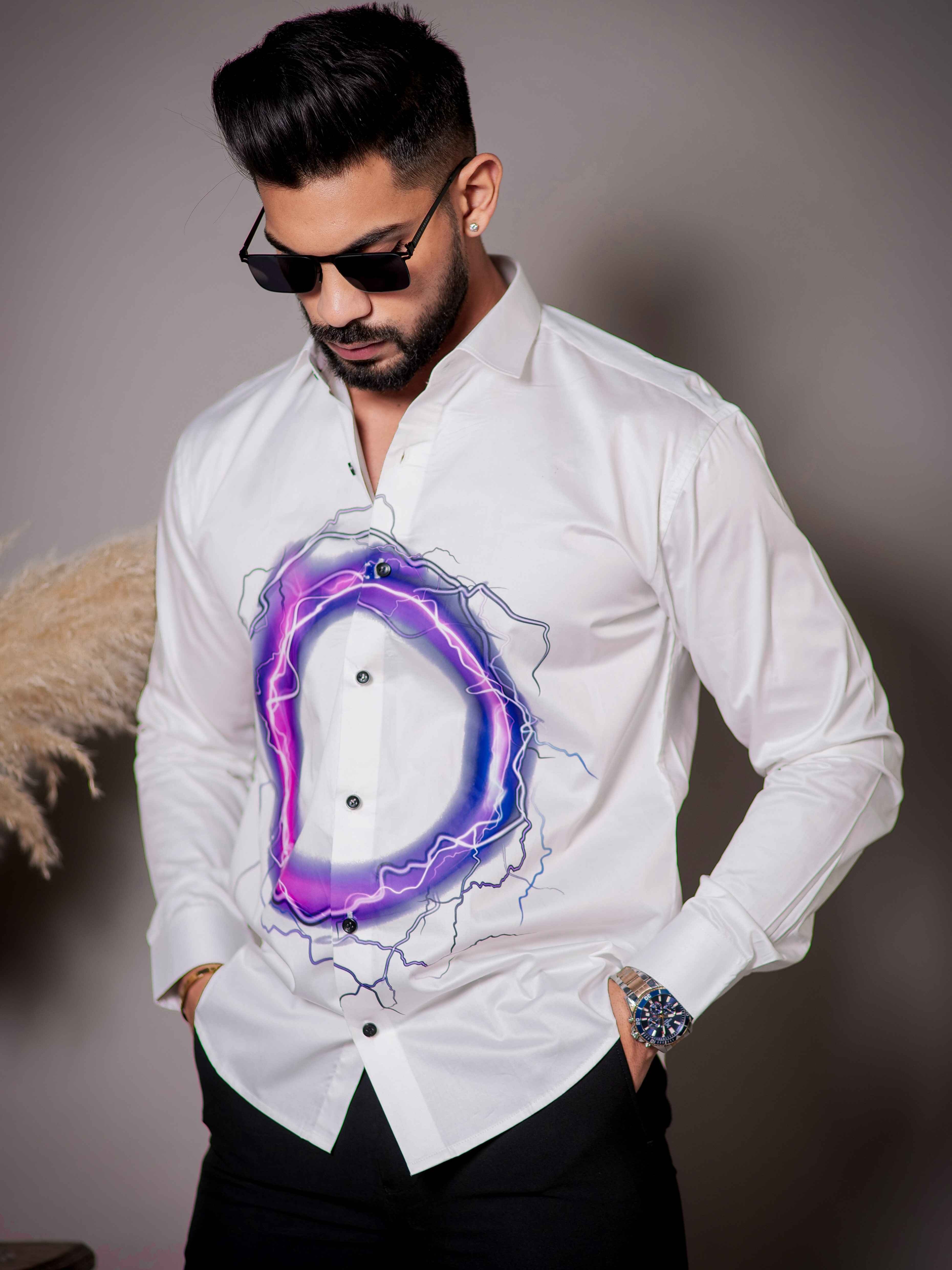 White Club Wear Printed Satin Cotton Shirt