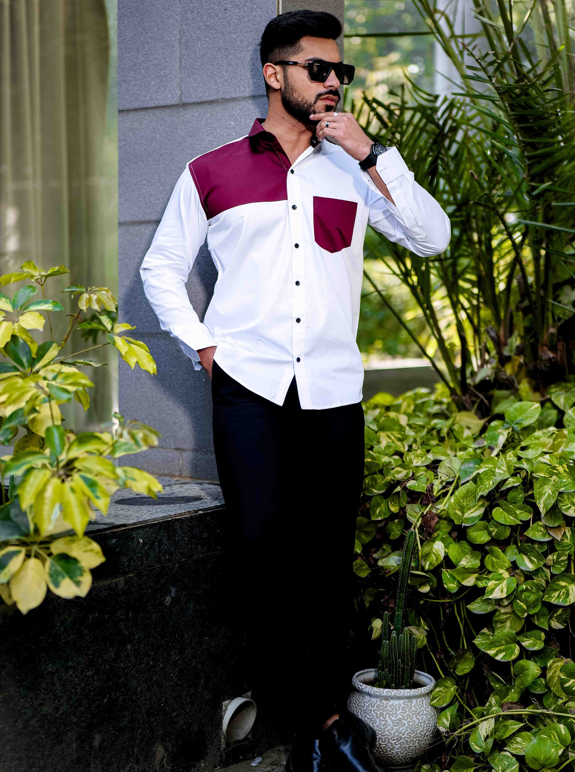White and Maroon Cut n sew Satin Cotton Designer Shirt