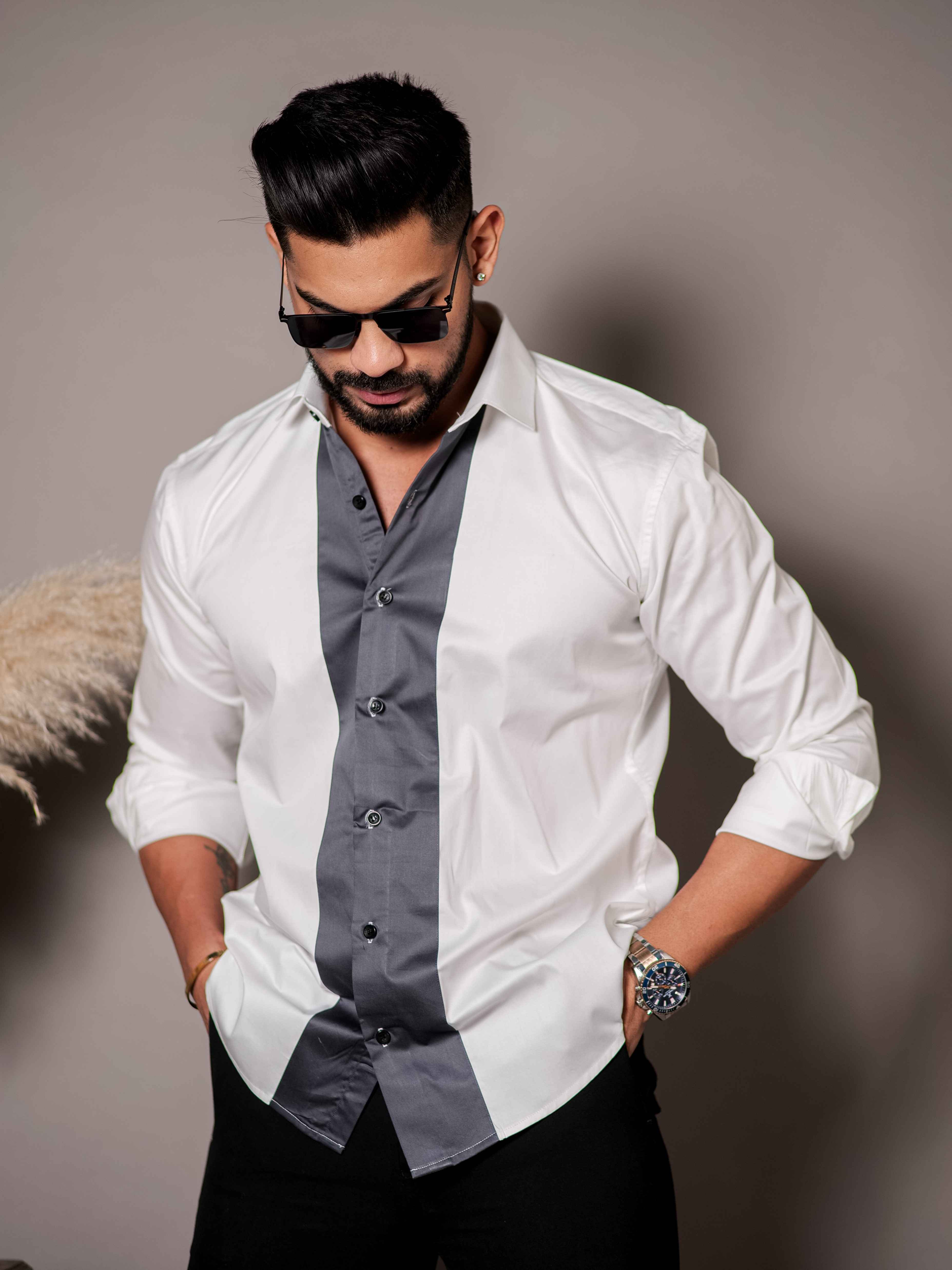 White And Grey Designer Satin Cotton Shirt