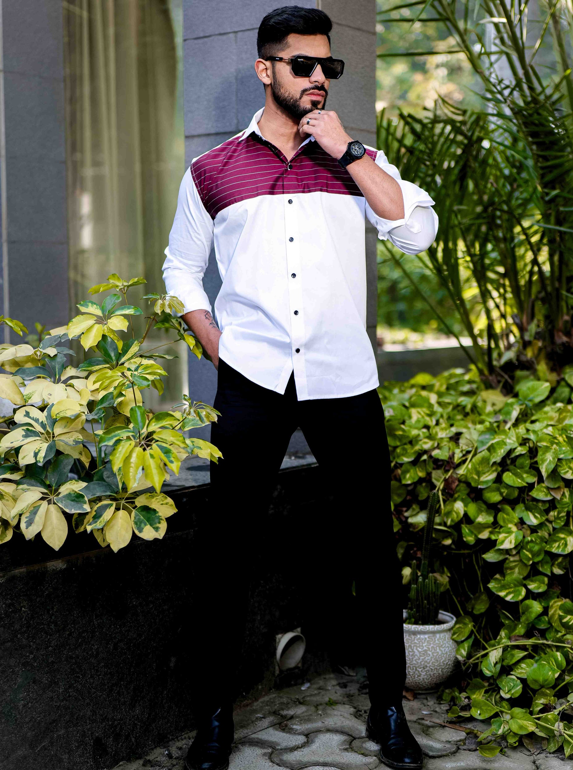 White And Maroon Satin Cotton Cut N Sew Designer Shirt
