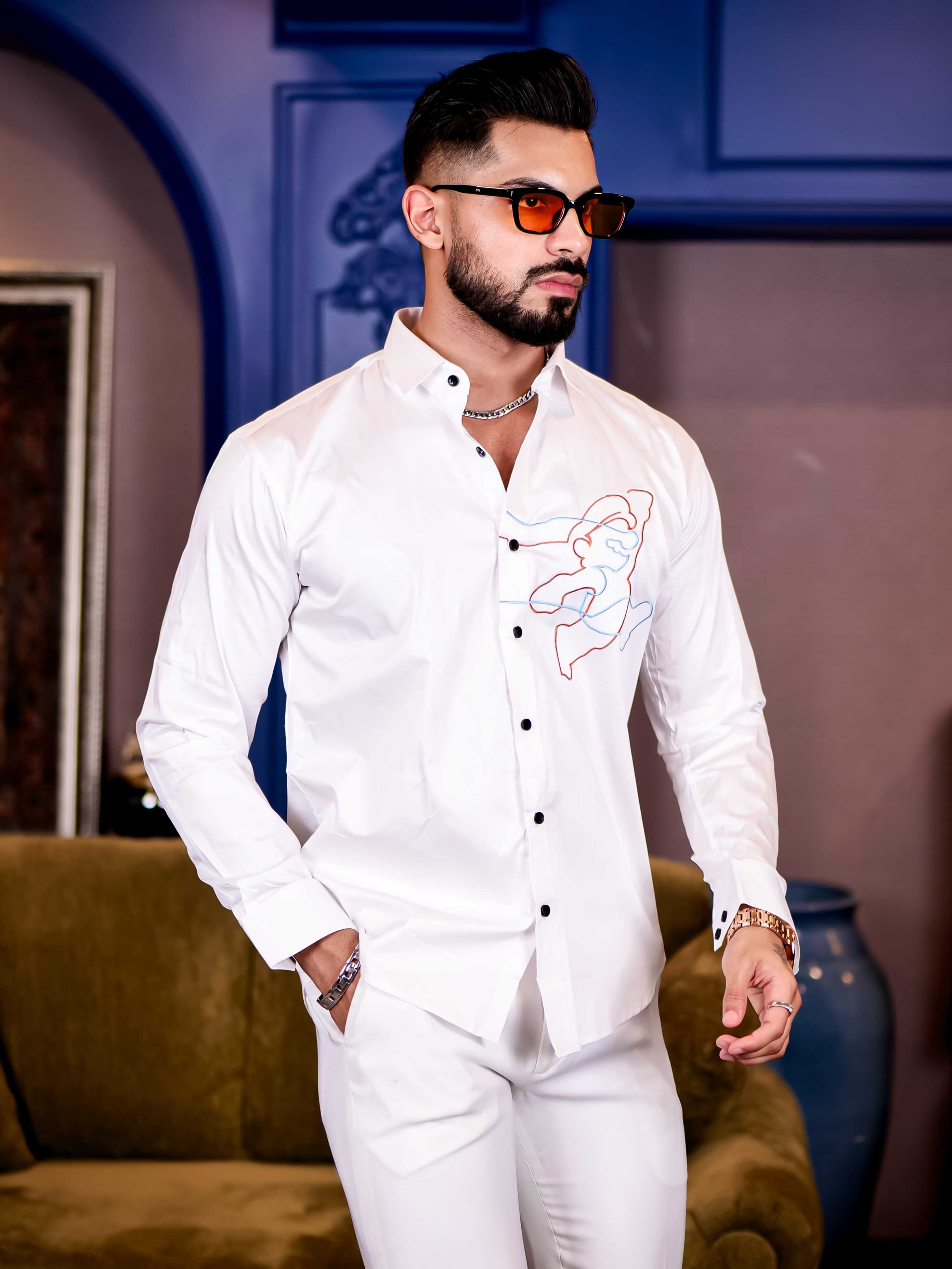 Cartoon White Embroidered Premium Cotton Shirt For Men