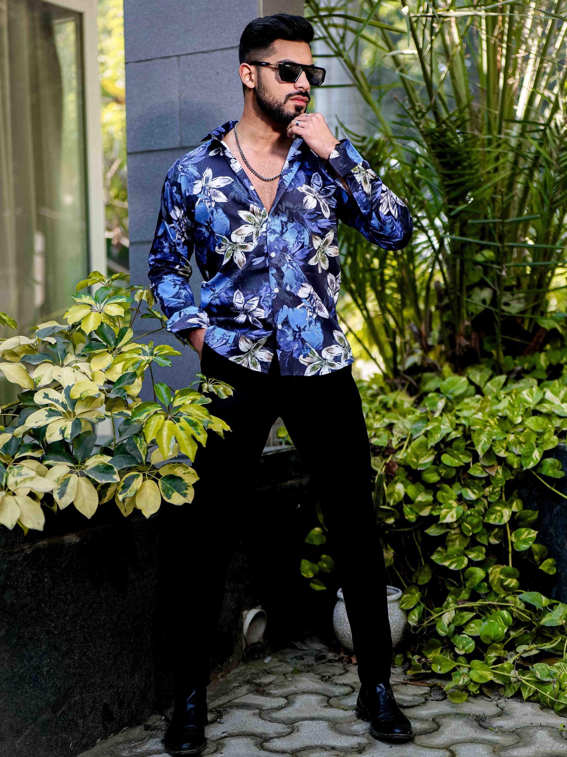 Blue Flower Giza Cotton Print Premium Shirt