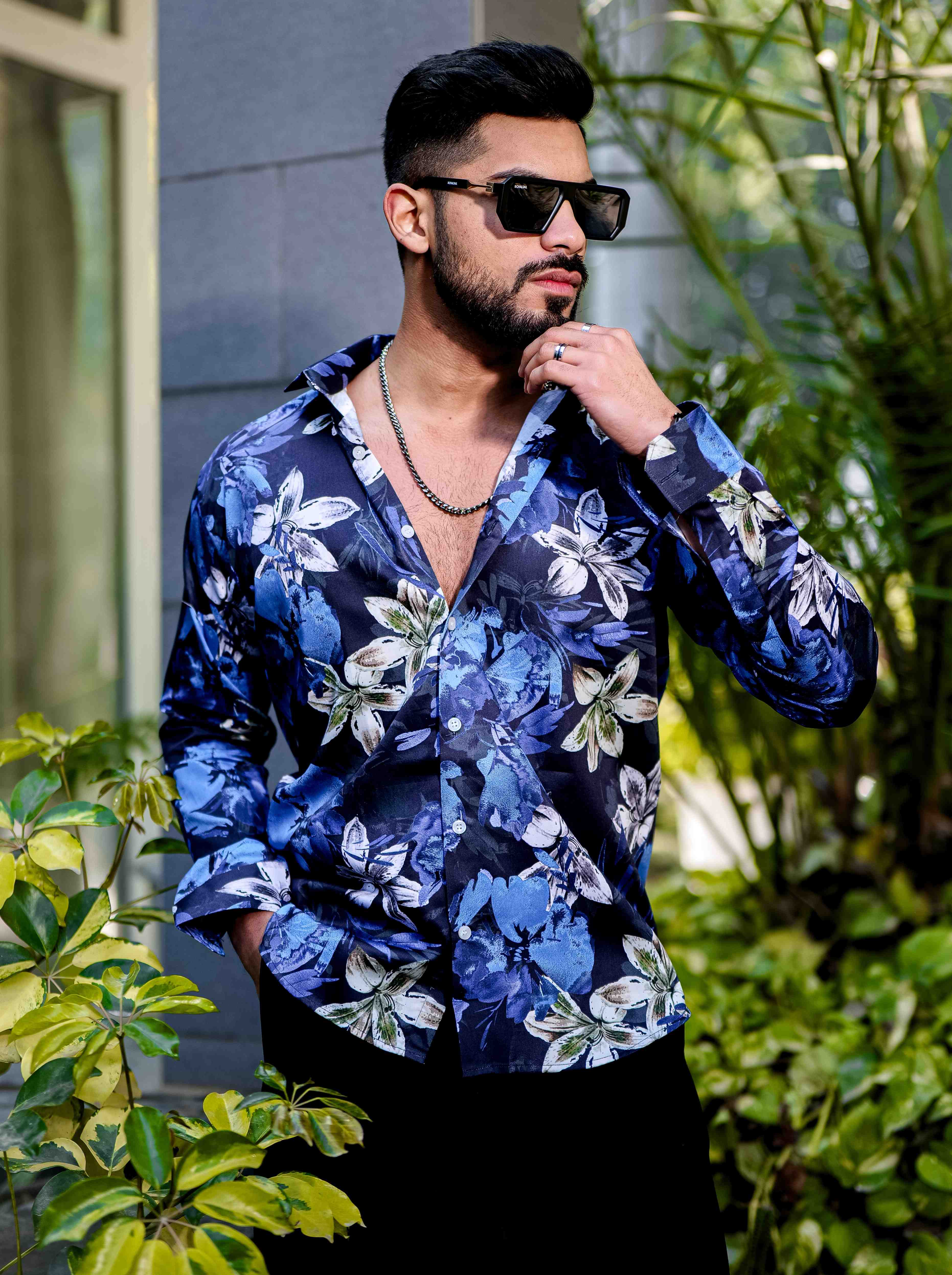 Blue Flower Giza Cotton Print Premium Shirt