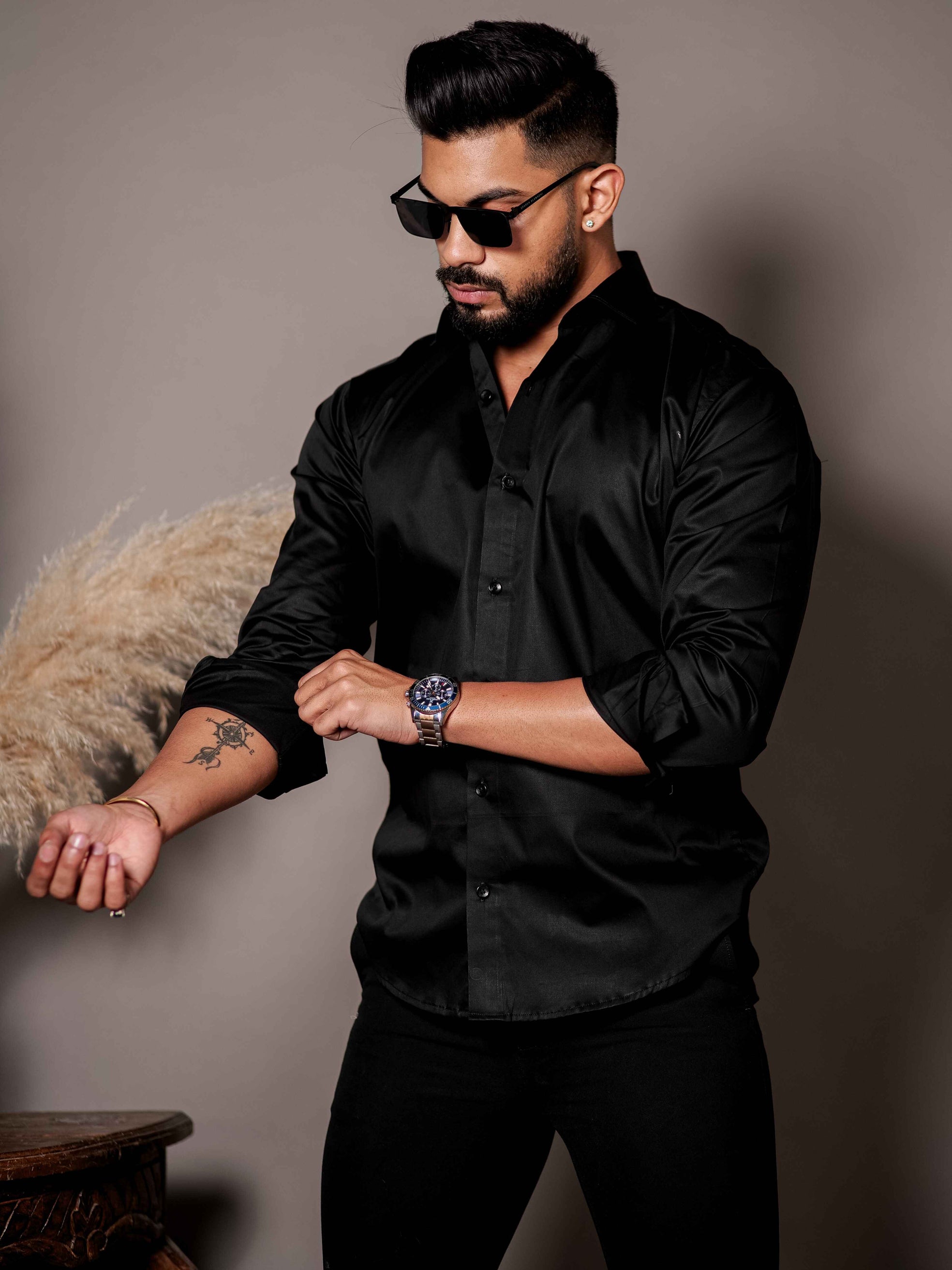 Black Club Wear Printed Satin Cotton Shirt