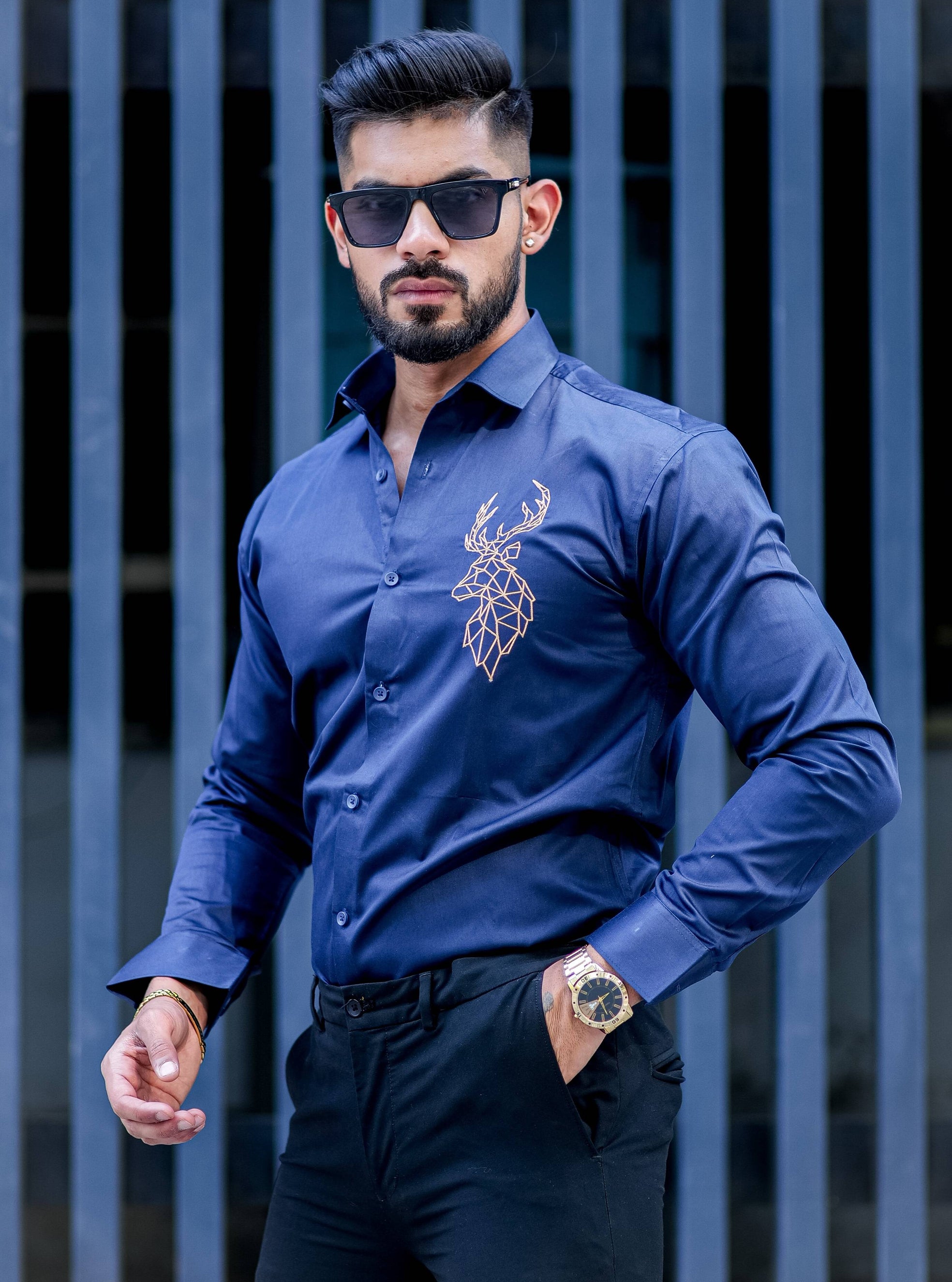 Deer Golden Embroidered Navy Blue  Premium Cotton Shirt