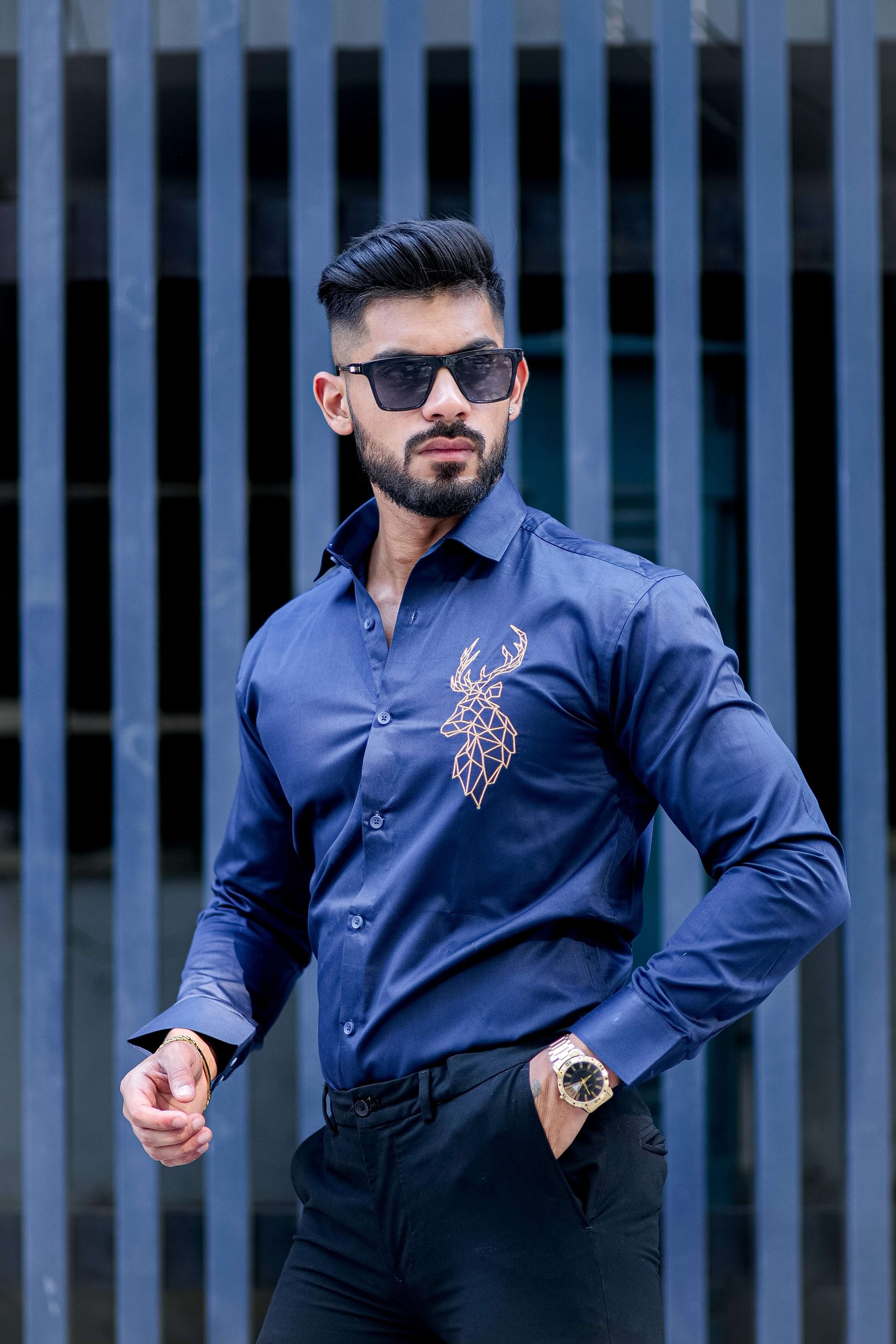 Deer Golden Embroidered Navy Blue  Premium Cotton Shirt