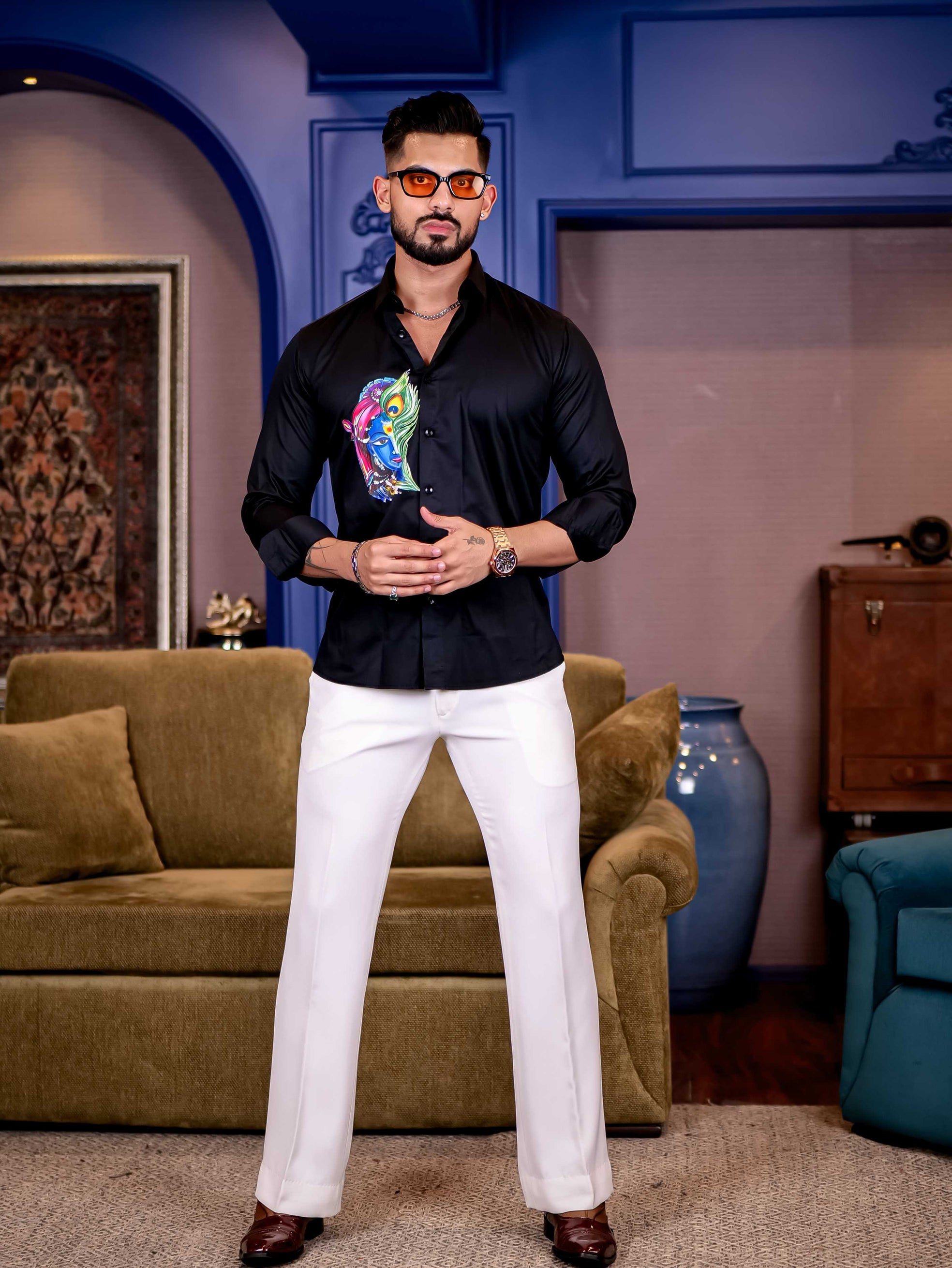 Lord Krishna Black Club Wear Printed Satin Cotton Shirt