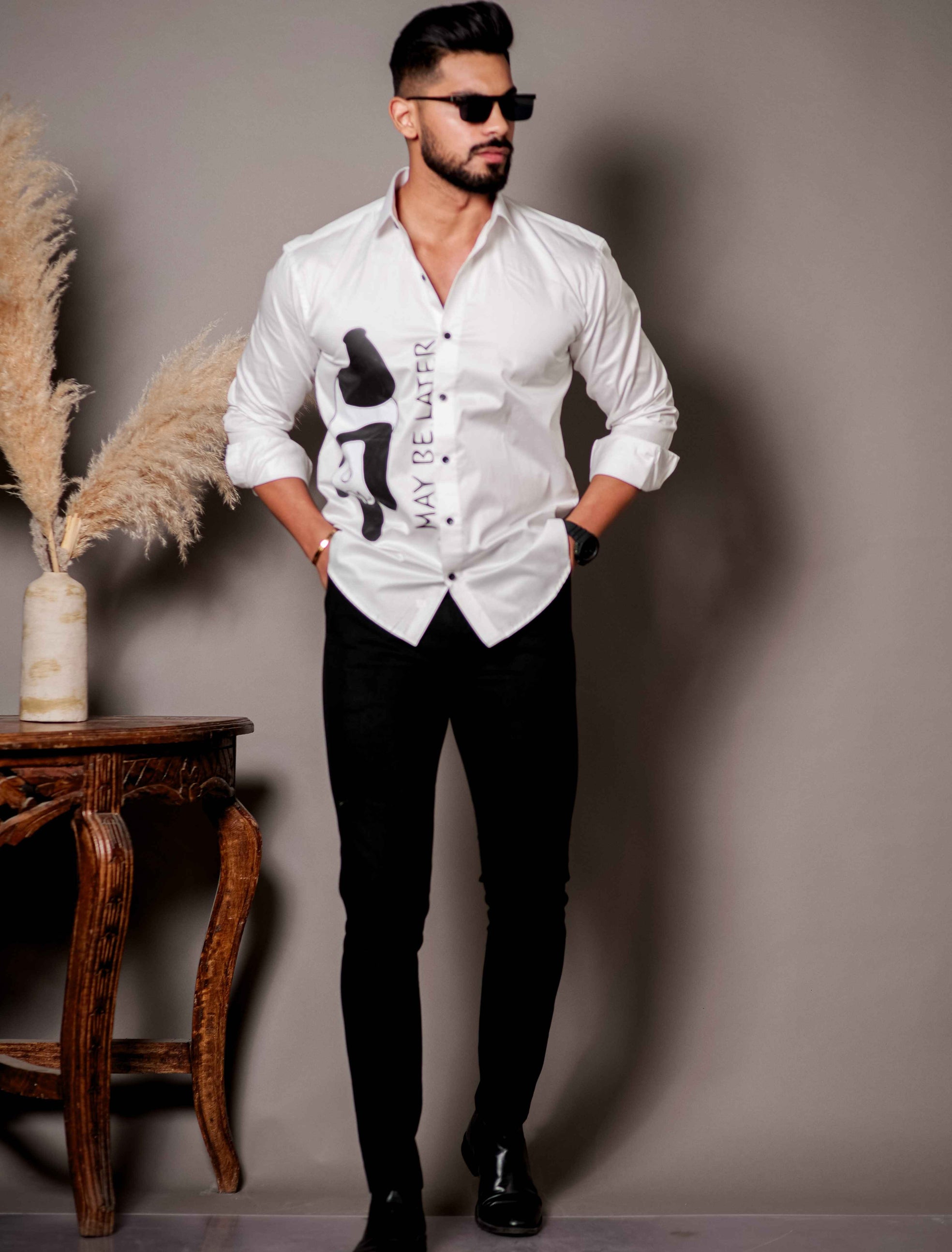 White Club Wear Printed Satin Cotton Shirt