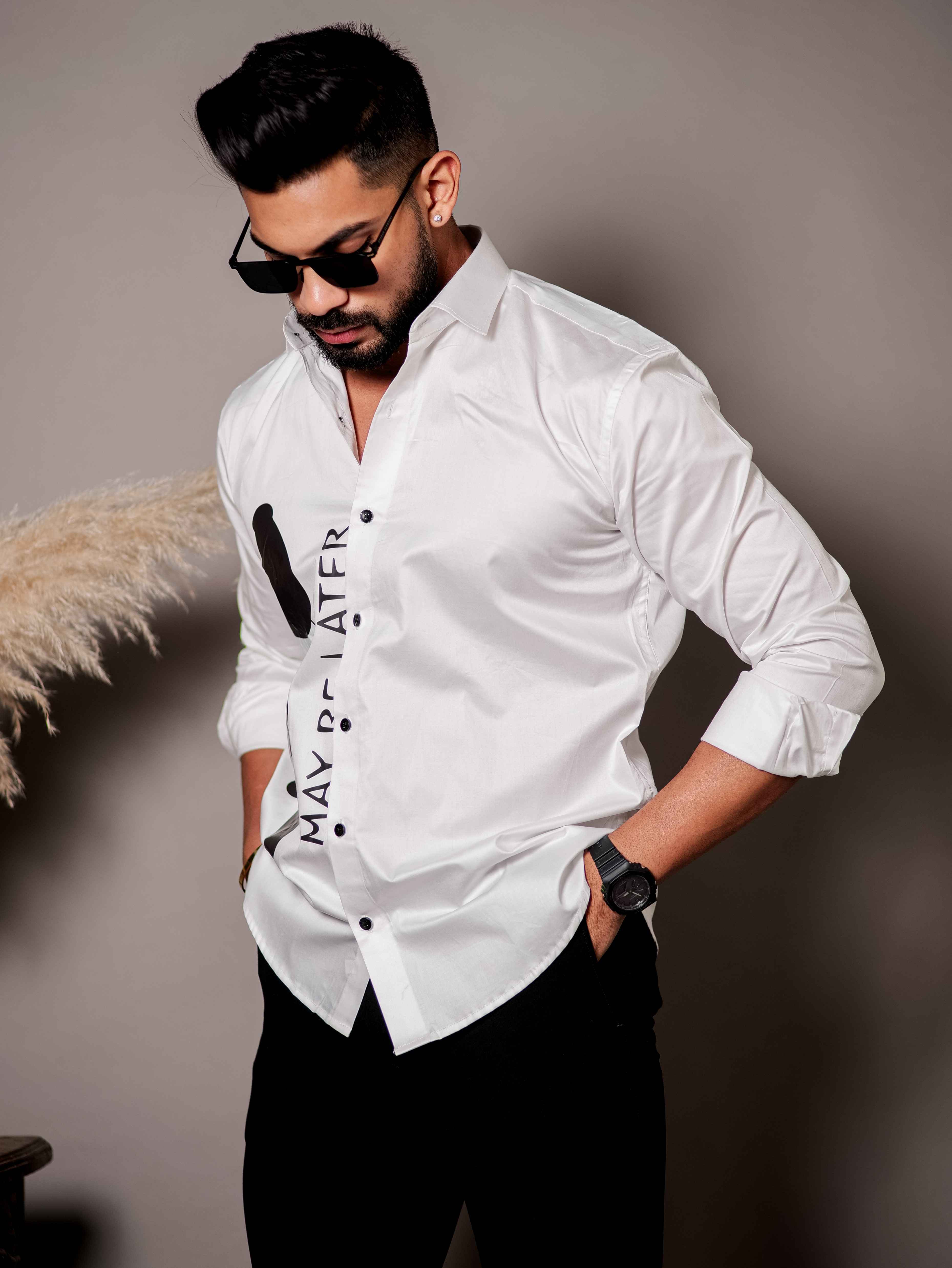 White Club Wear Printed Satin Cotton Shirt