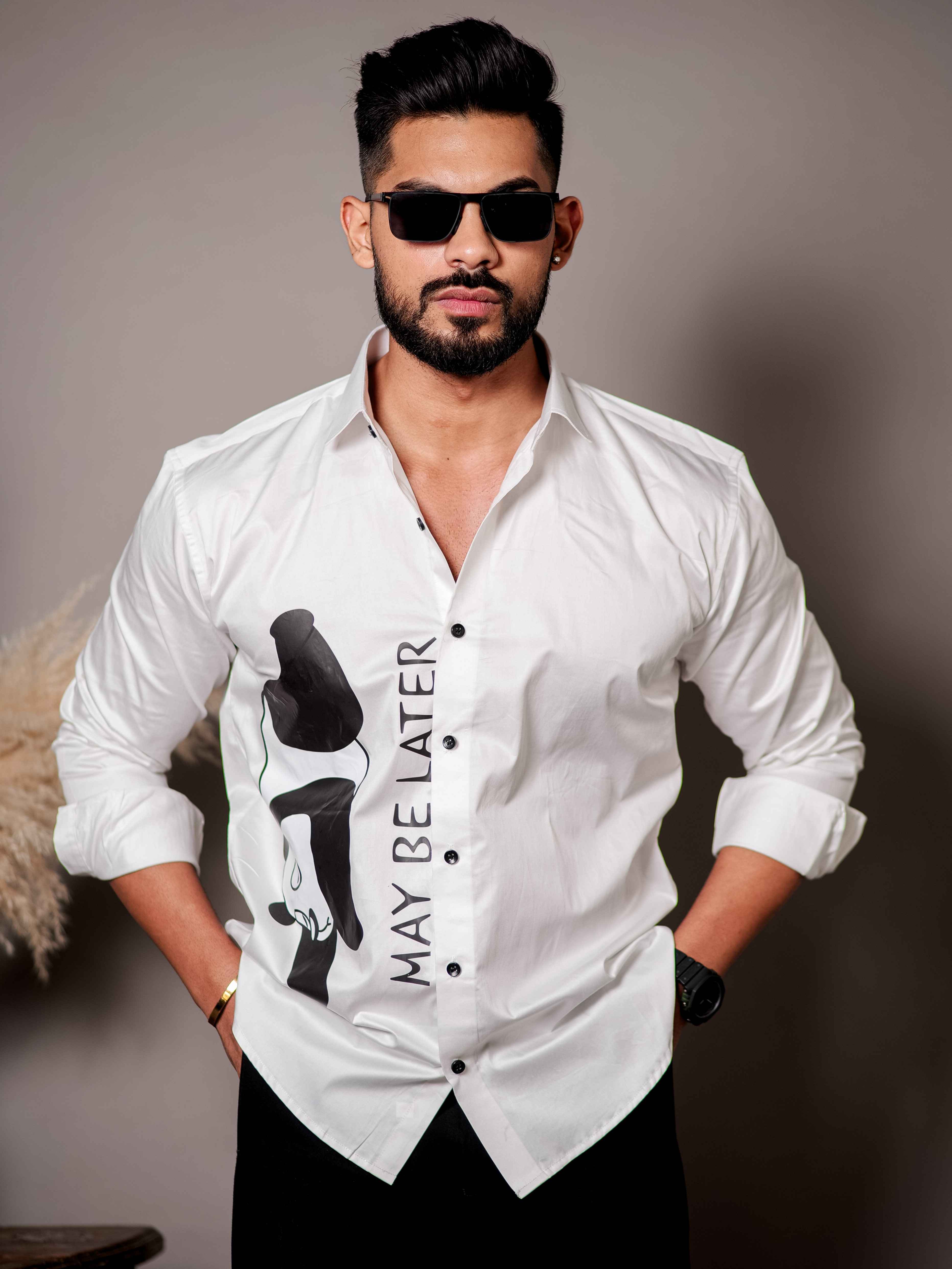 White Club Wear Printed Satin Cotton Shirt