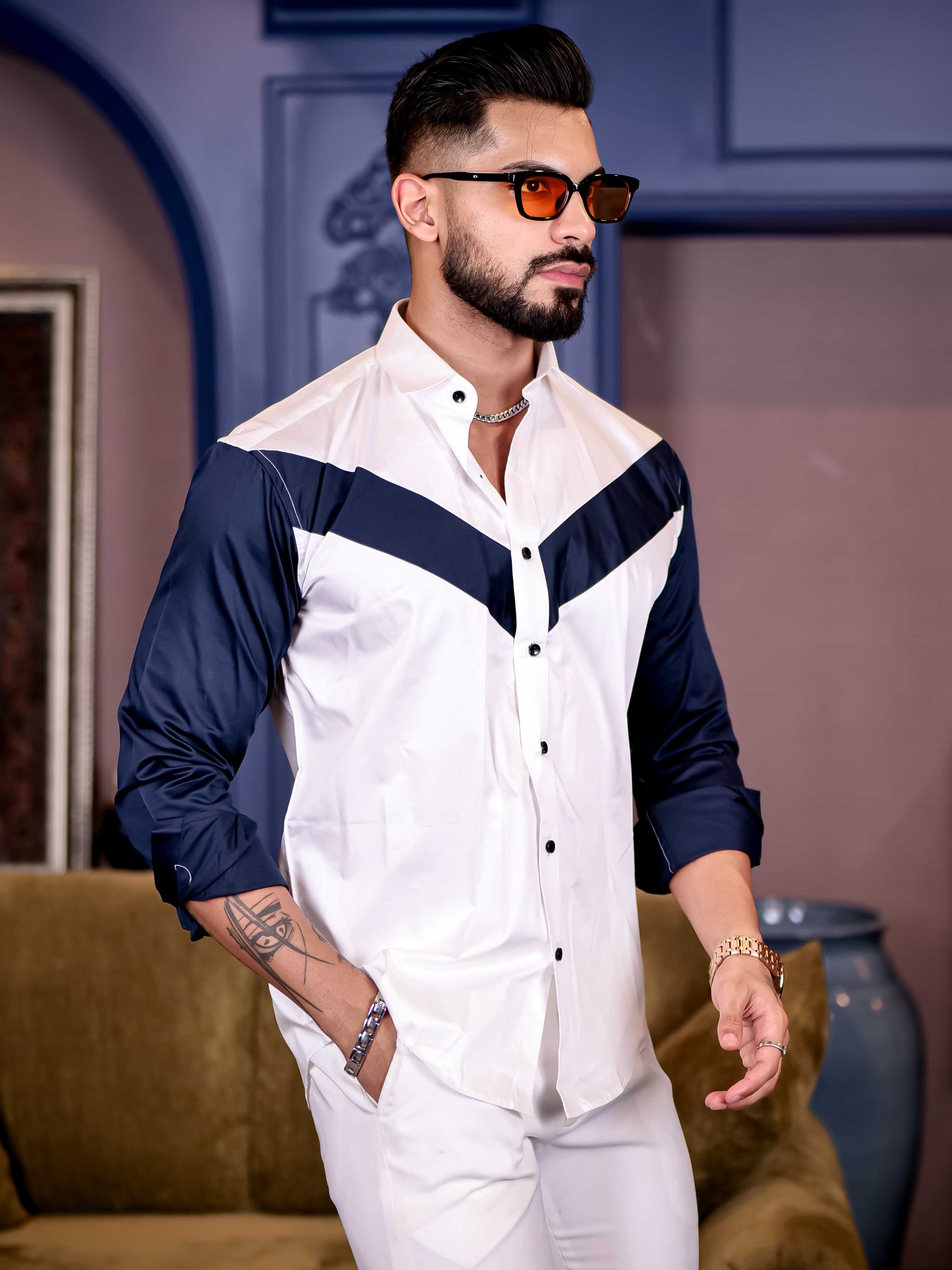 White and Navy Cut n sew Premium Cotton Shirt For Men