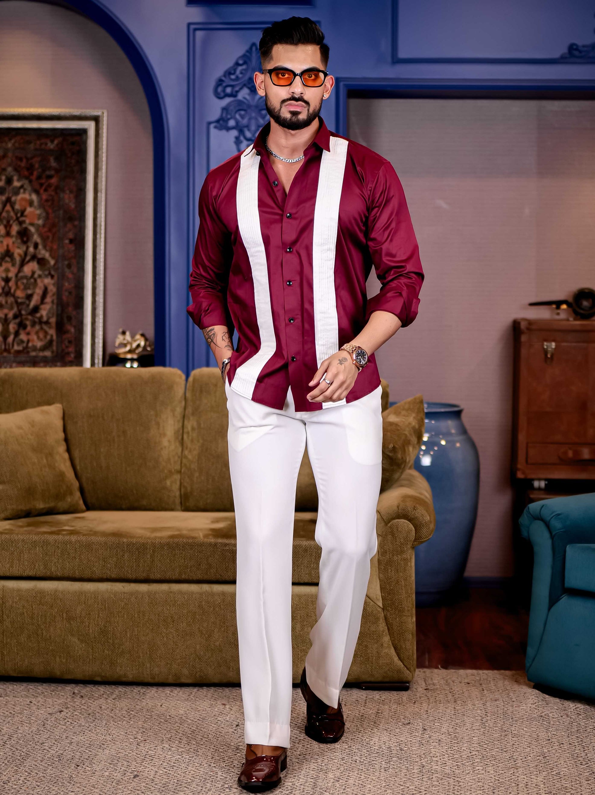 Maroon with White Subtle Sheen Tuxedo Premium Giza Satin Cotton Shirt