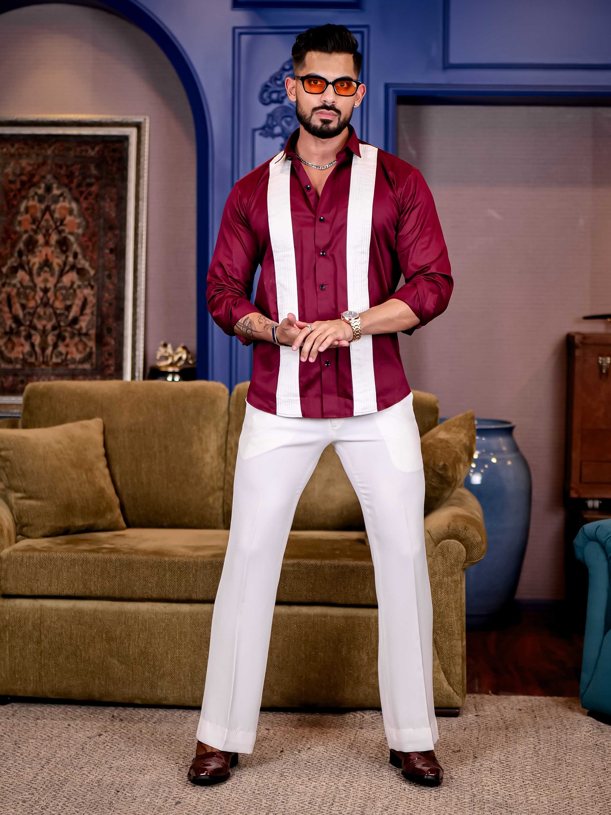 Maroon with White Subtle Sheen Tuxedo Premium Giza Satin Cotton Shirt