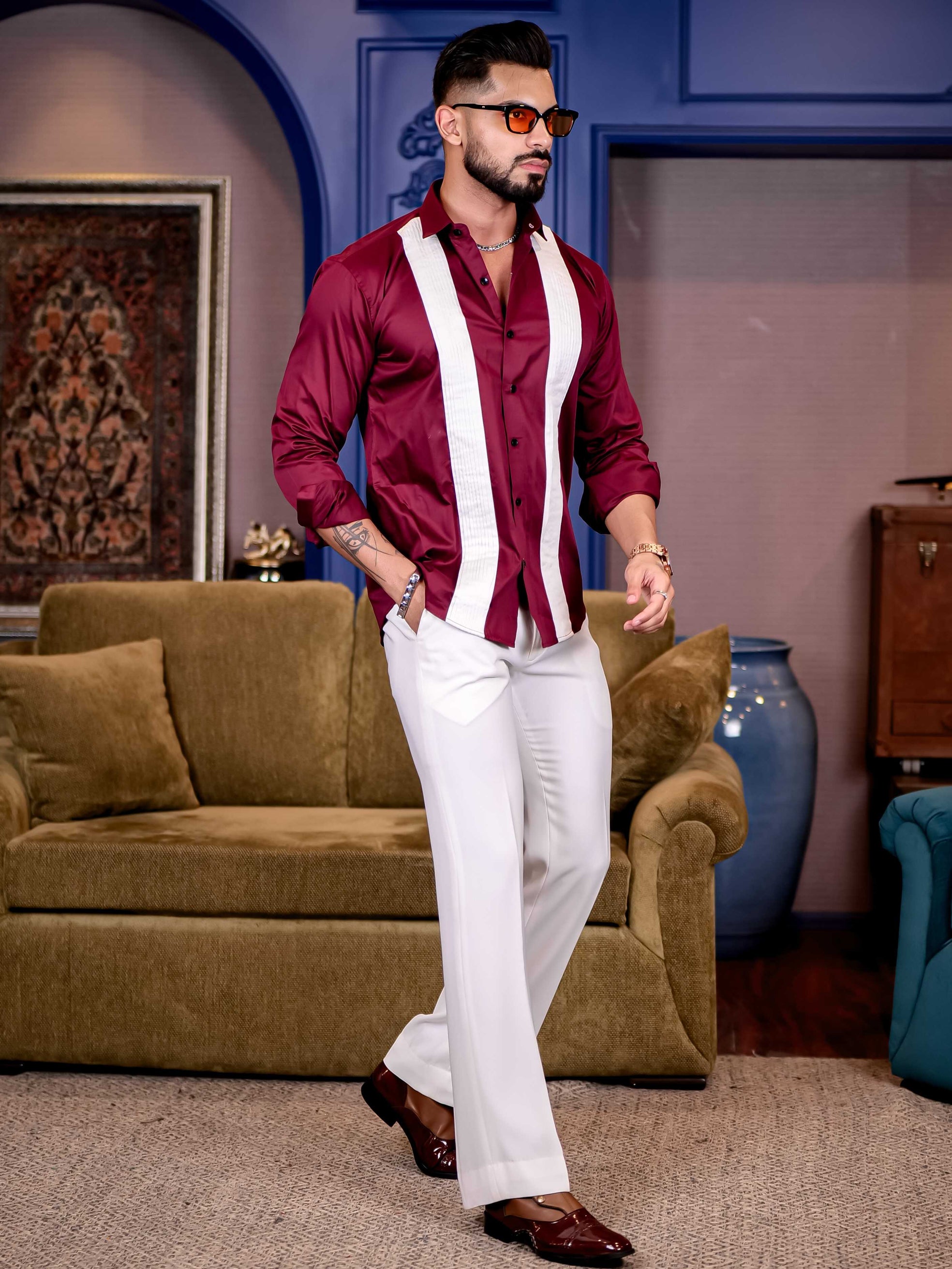 Maroon with White Subtle Sheen Tuxedo Premium Giza Satin Cotton Shirt