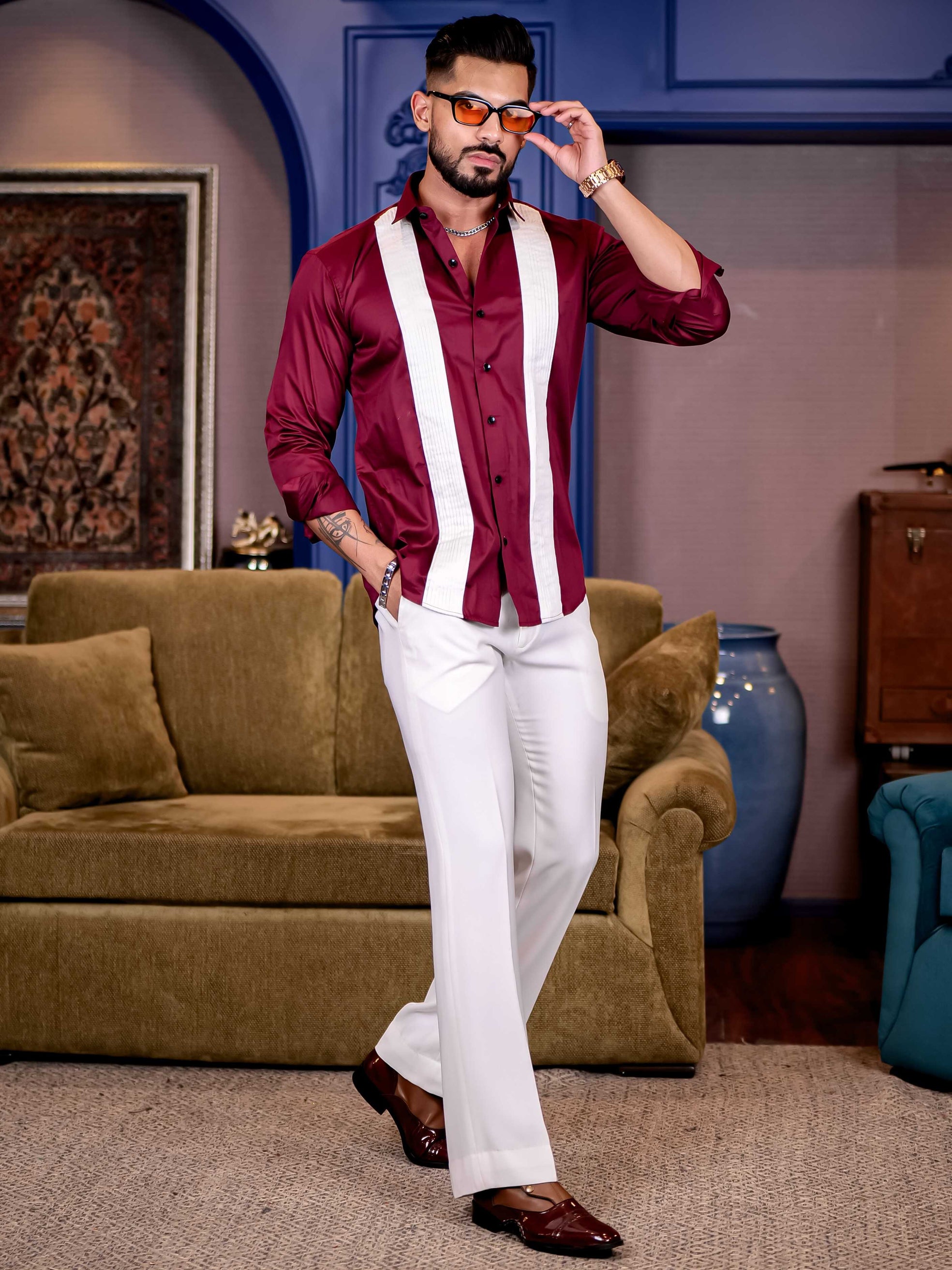 Maroon with White Subtle Sheen Tuxedo Premium Giza Satin Cotton Shirt