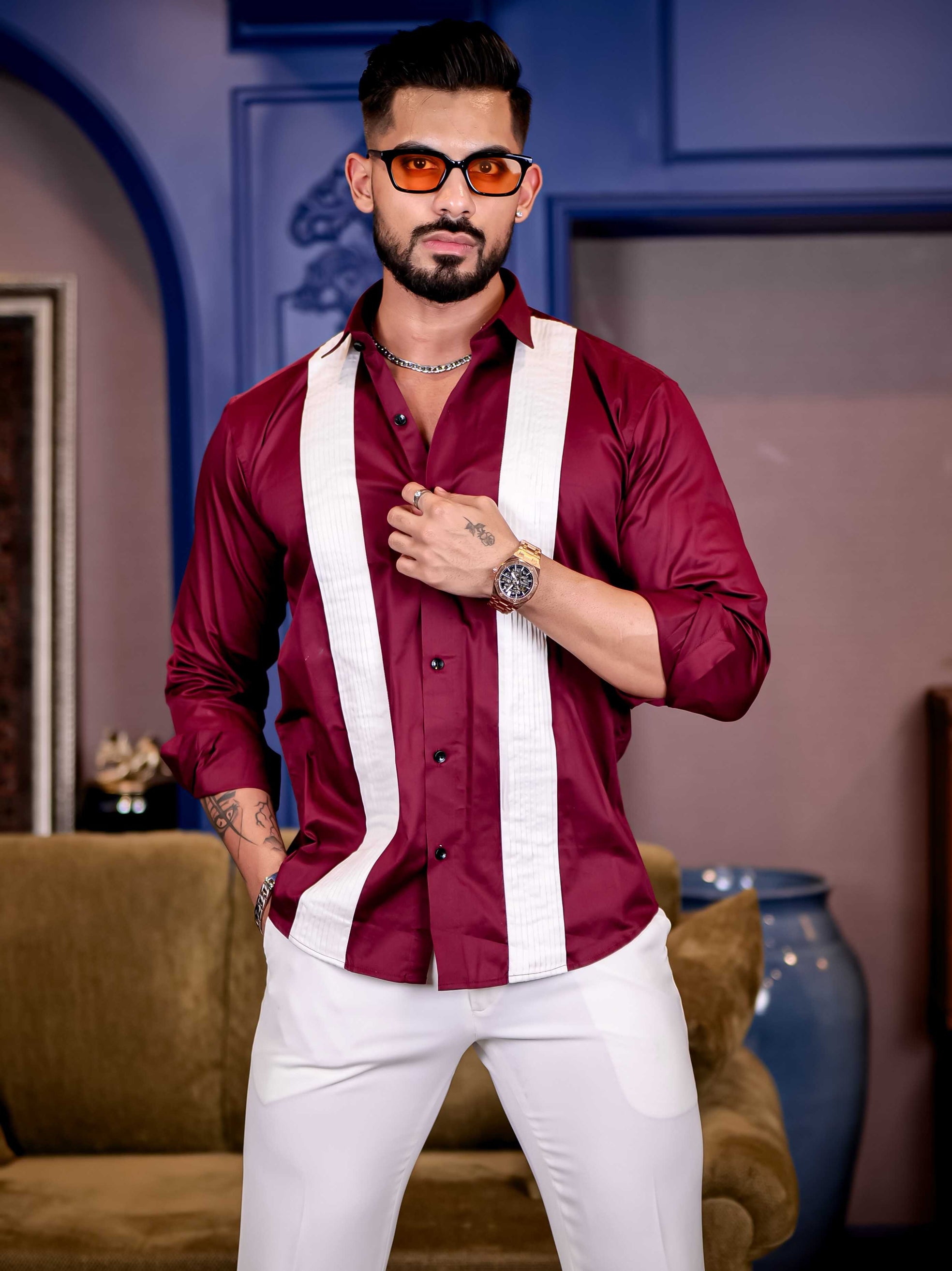 Maroon with White Subtle Sheen Tuxedo Premium Giza Satin Cotton Shirt