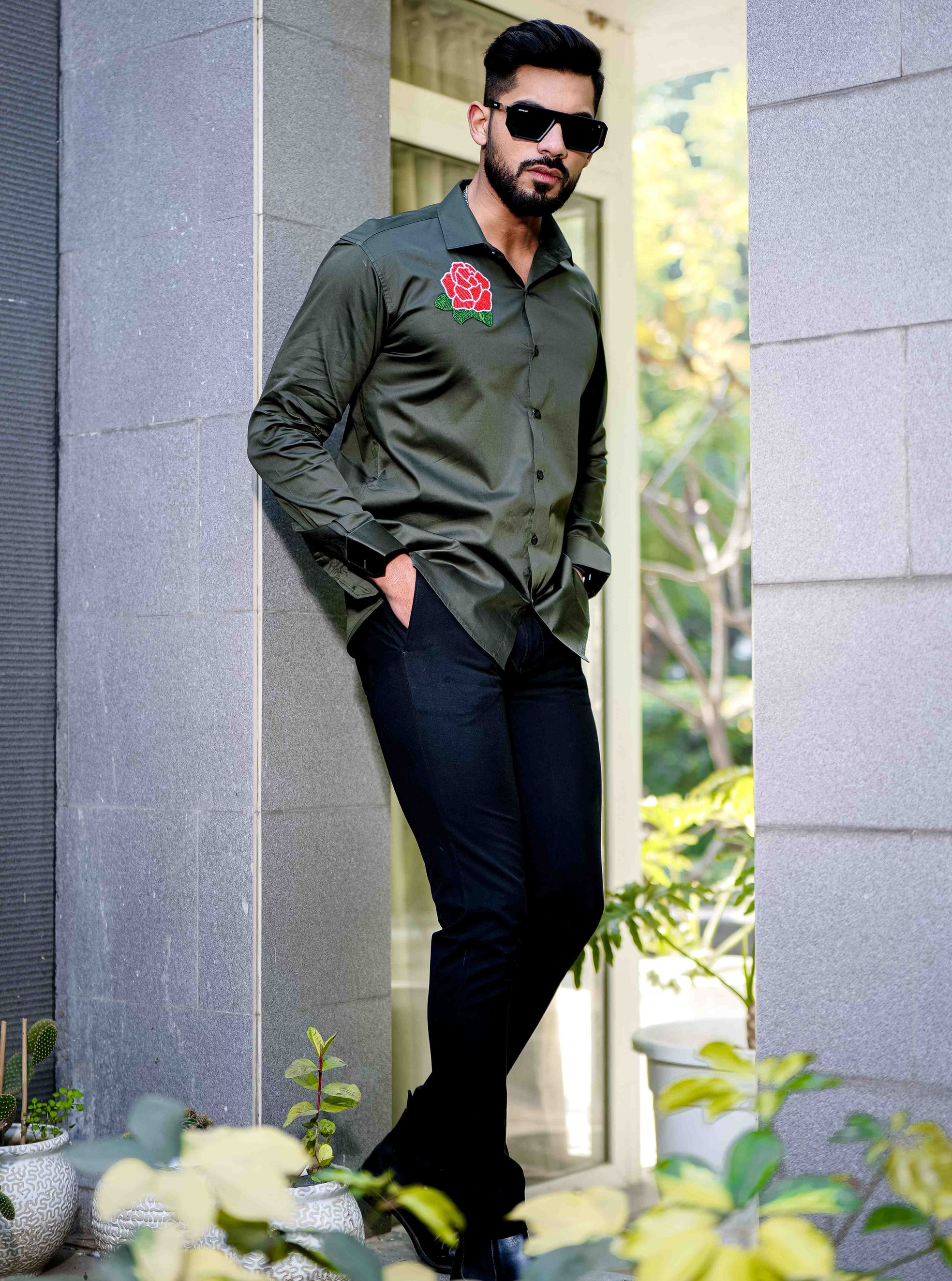 Olive Rhinestone Party Satin Cotton Premium Shirt