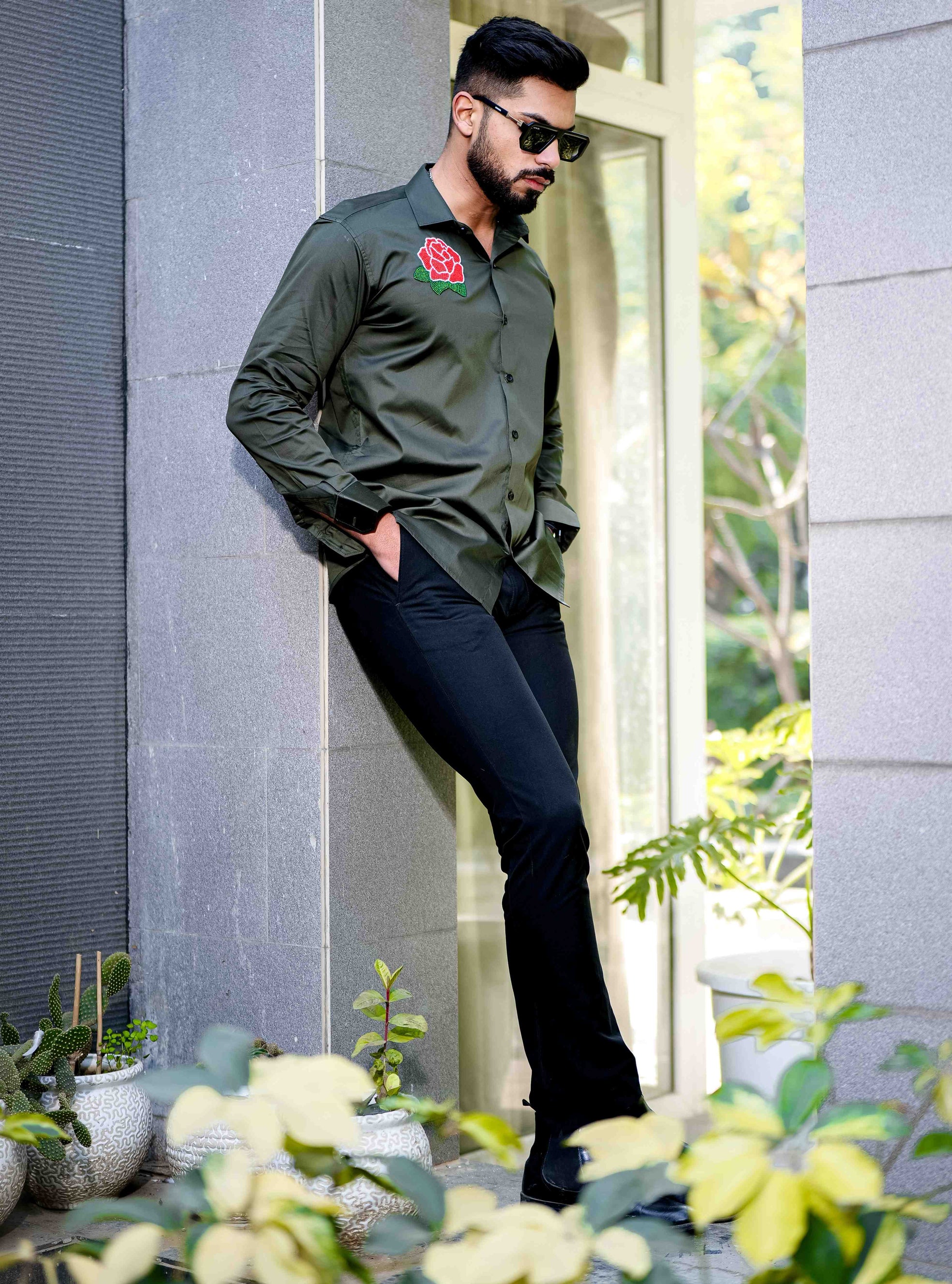 Olive Rhinestone Party Satin Cotton Premium Shirt