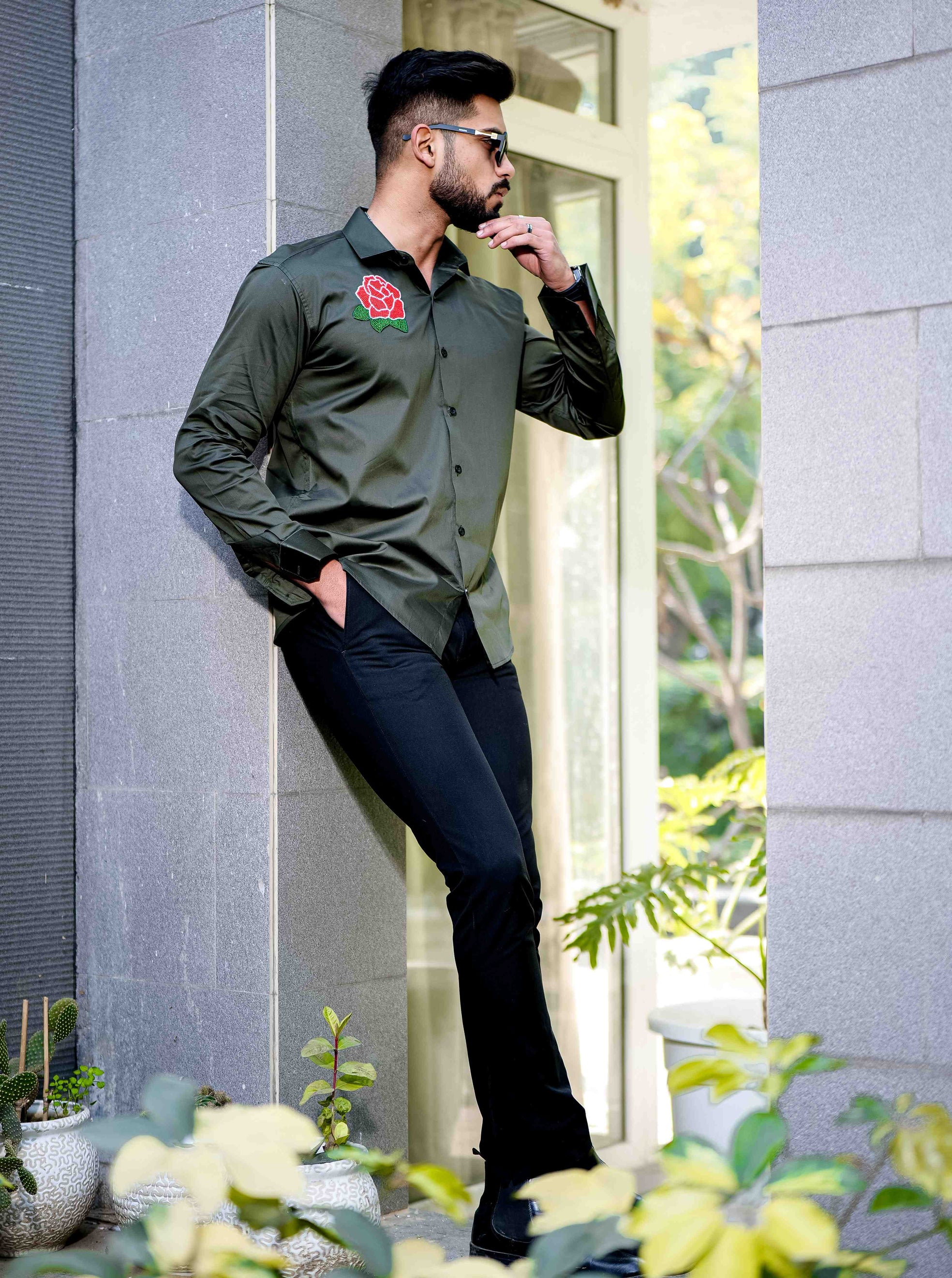 Olive Rhinestone Party Satin Cotton Premium Shirt