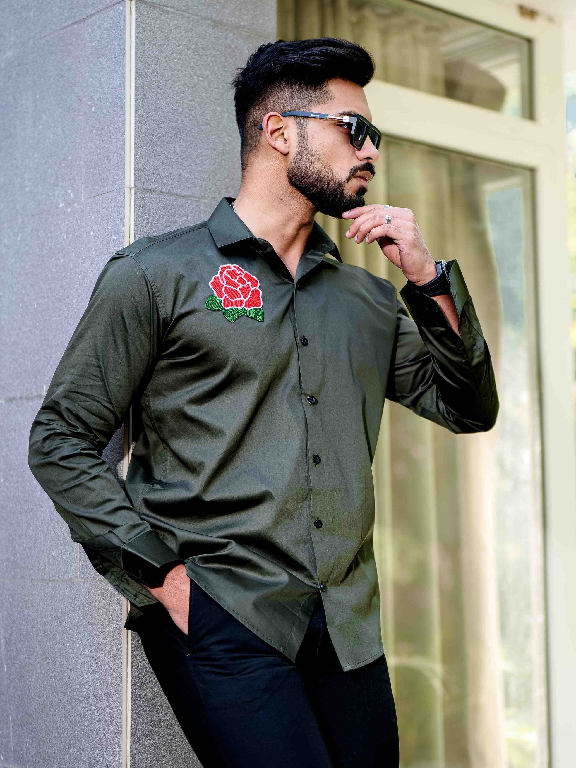 Olive Rhinestone Party Satin Cotton Premium Shirt