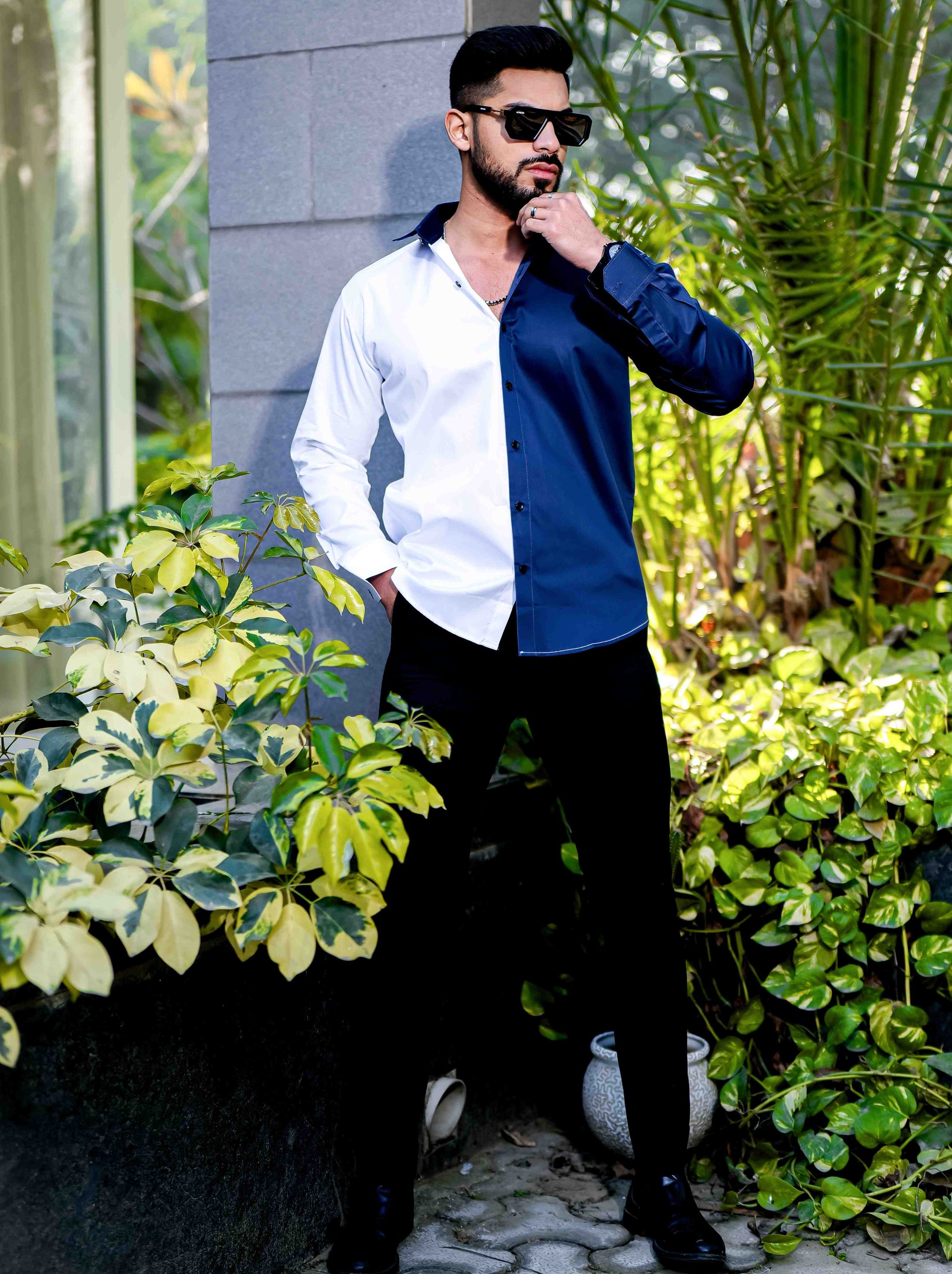 White And Blue Satin Cotton Designer Shirt