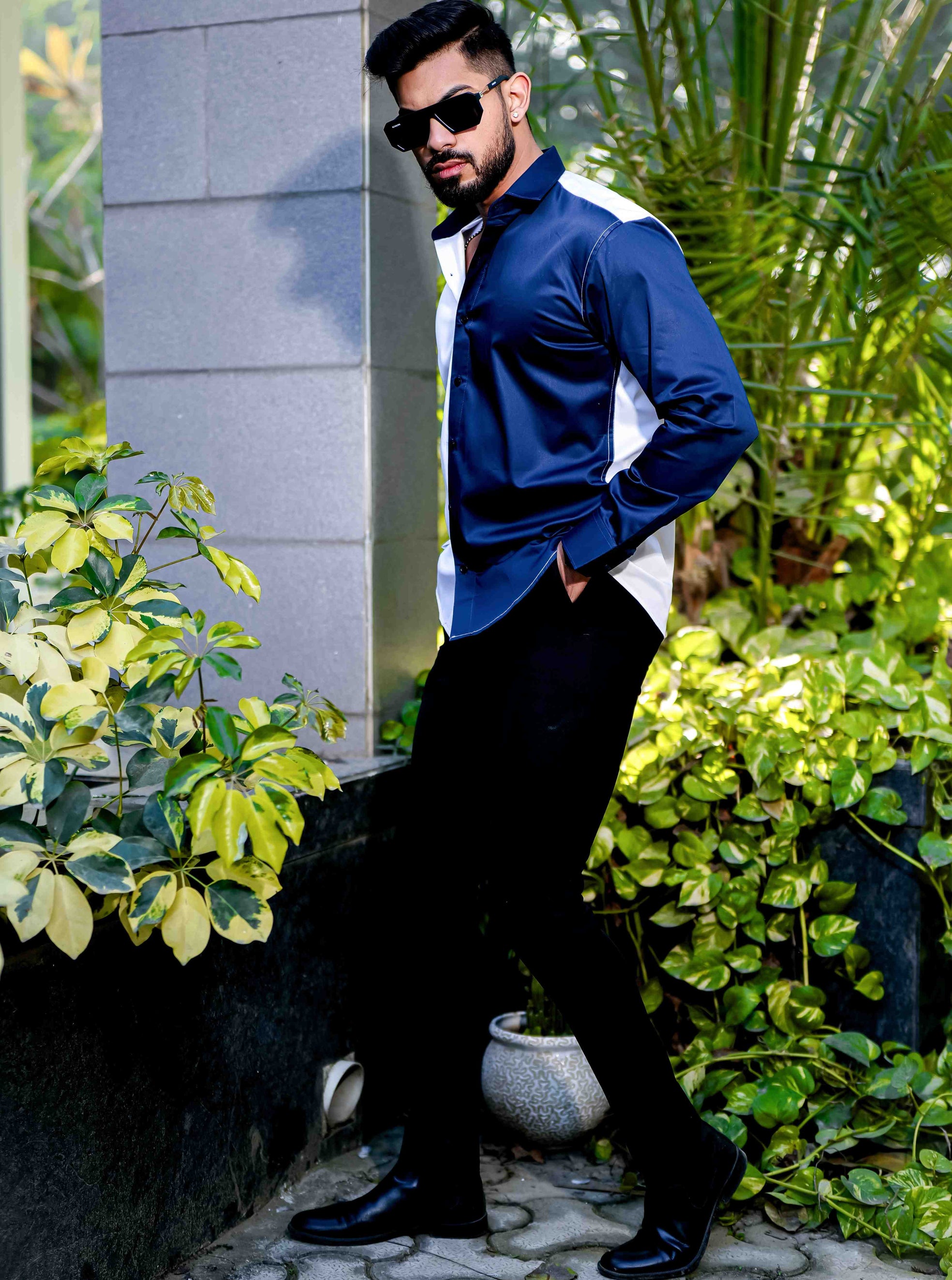 White And Blue Satin Cotton Designer Shirt