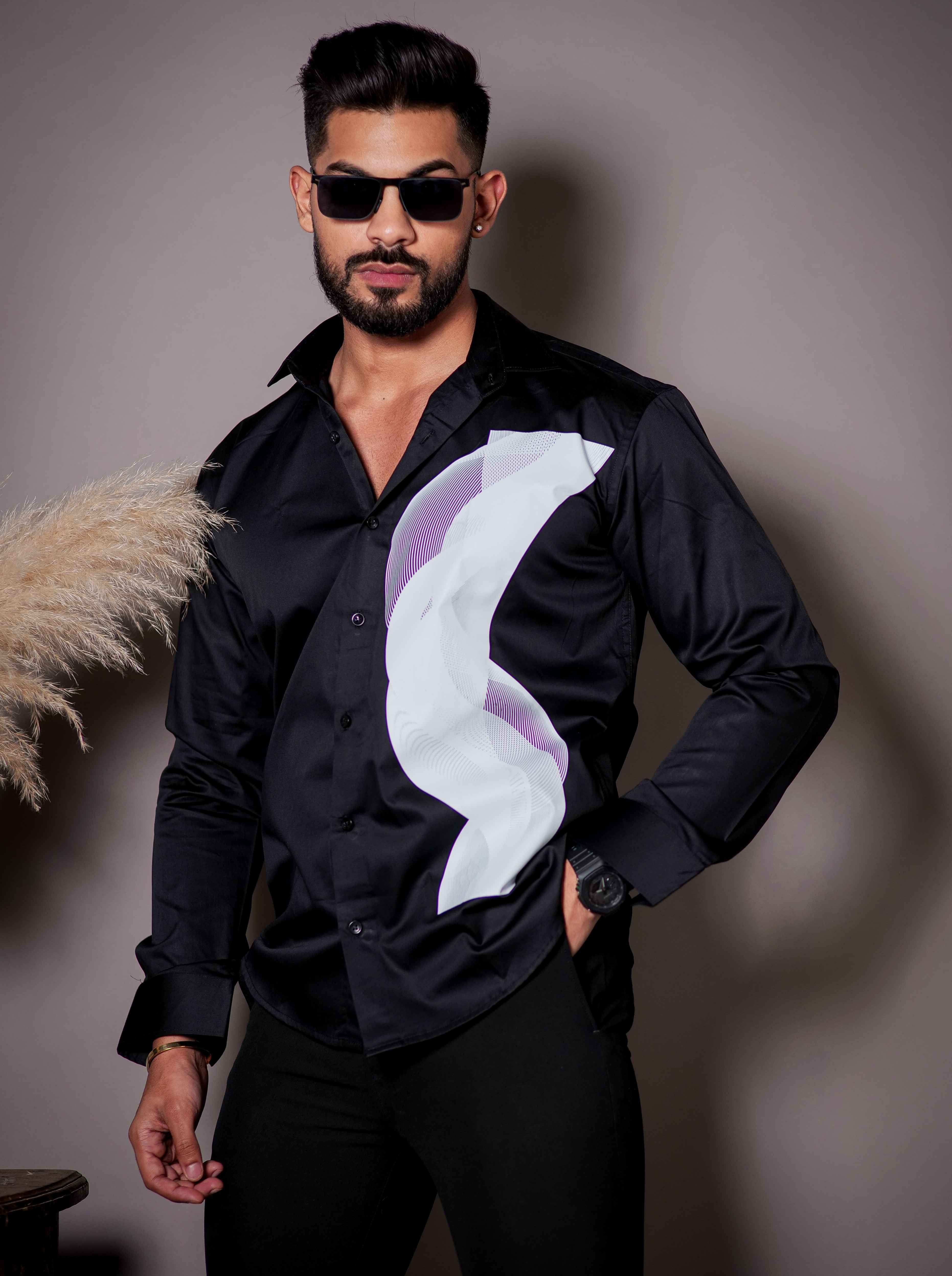 Black Club Wear Printed Satin Cotton Shirt