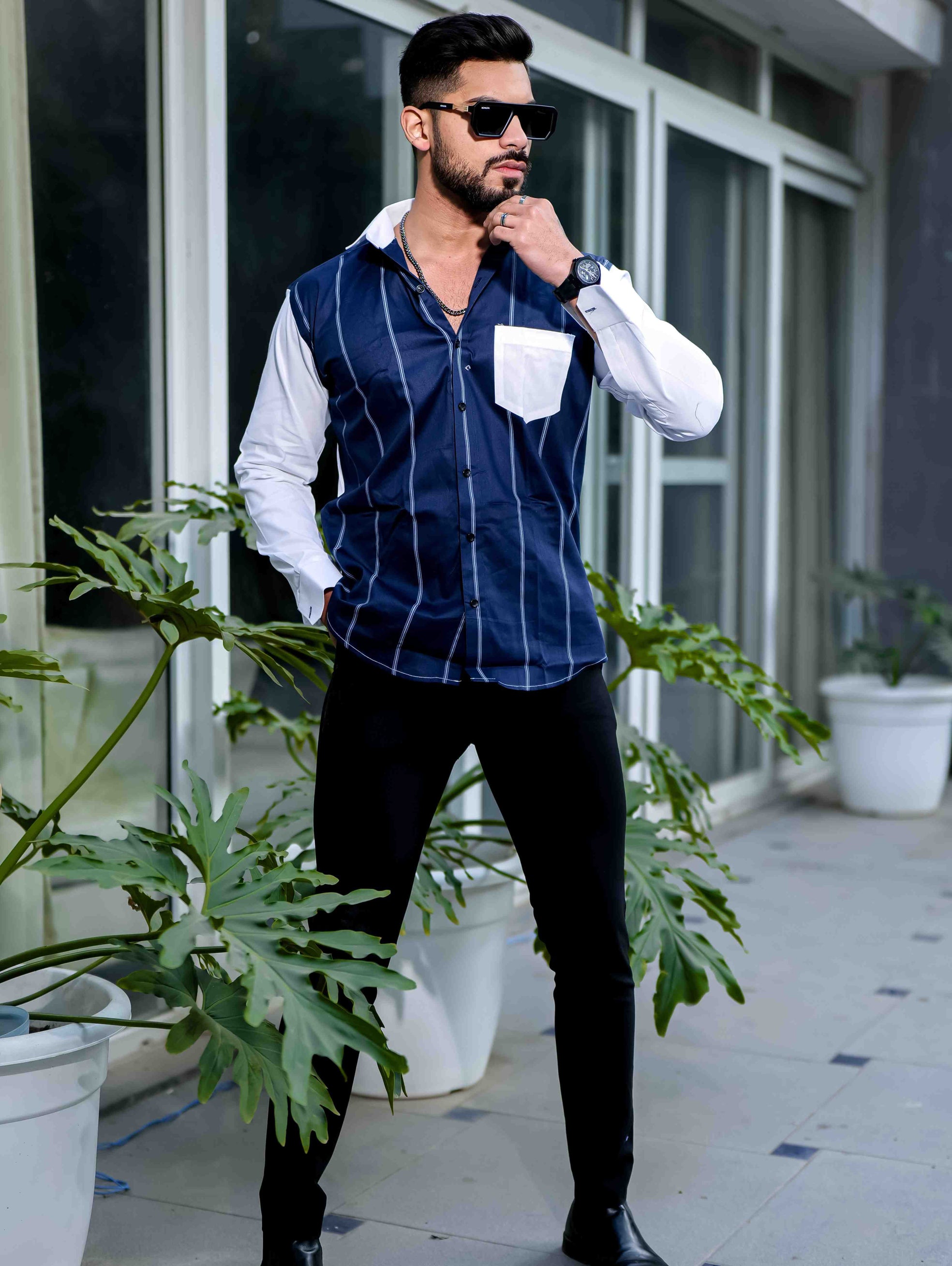 Blue Satin Cotton Cut N Sew Designer Shirt