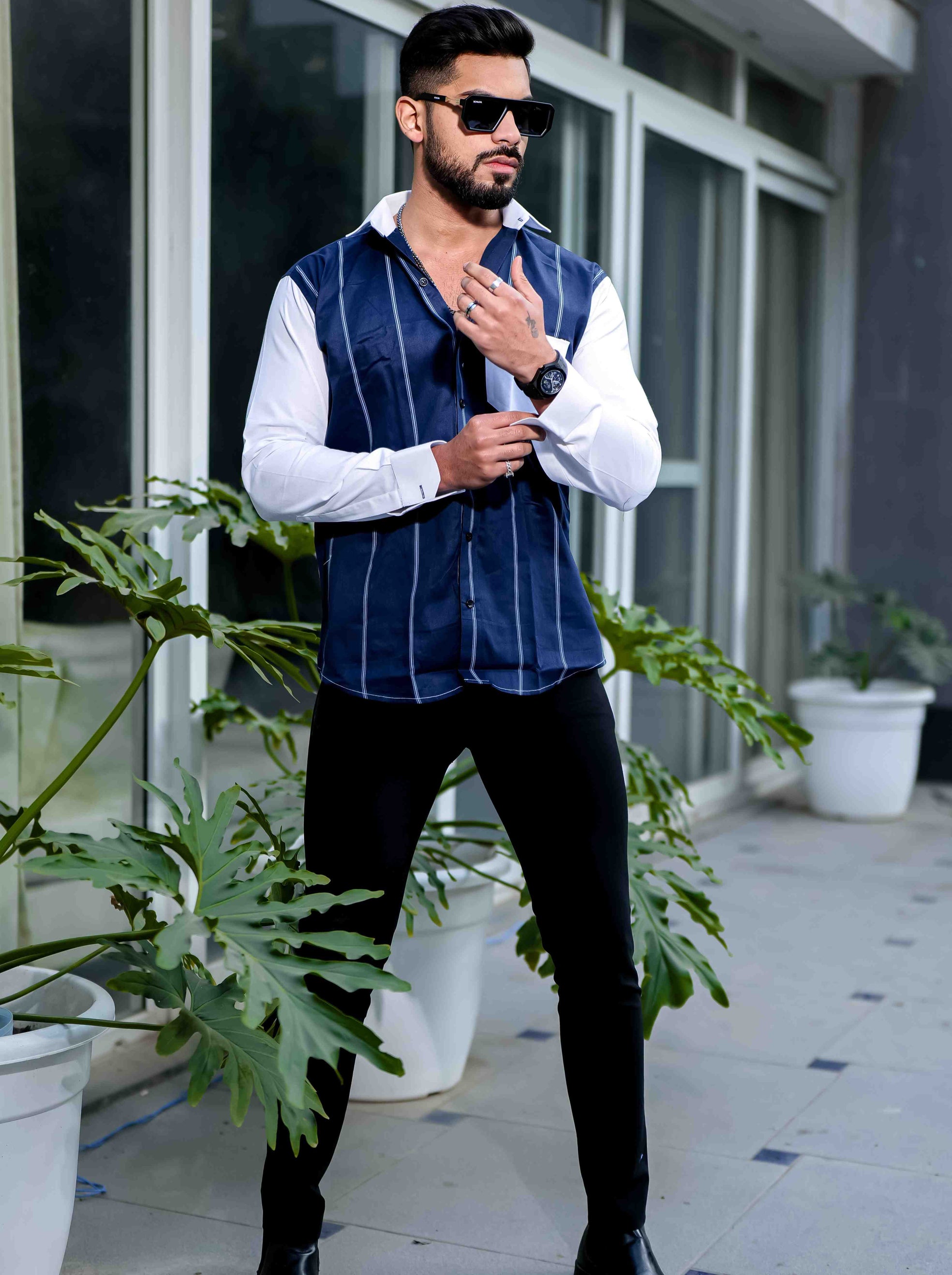 Blue Satin Cotton Cut N Sew Designer Shirt