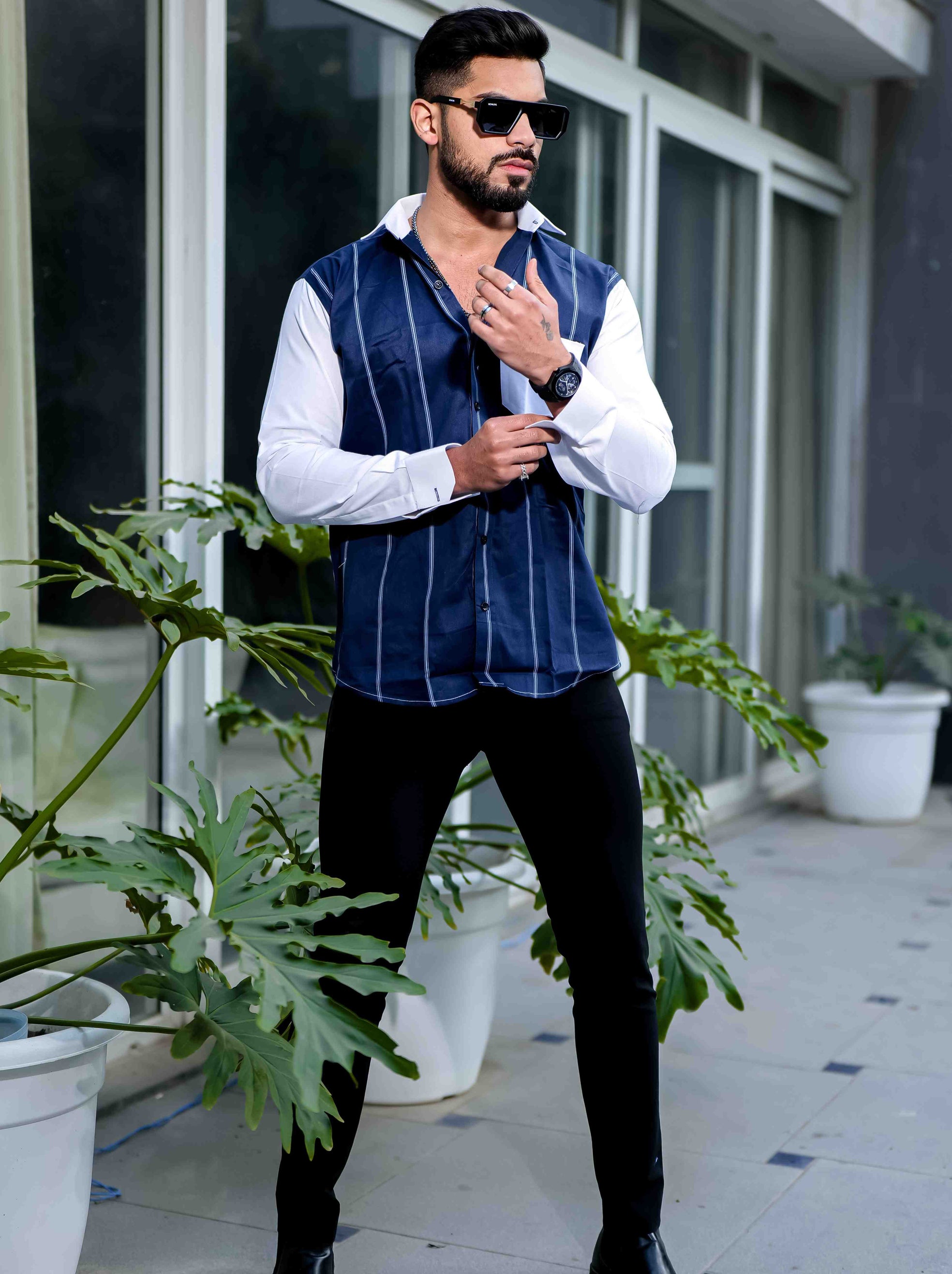 Blue Satin Cotton Cut N Sew Designer Shirt