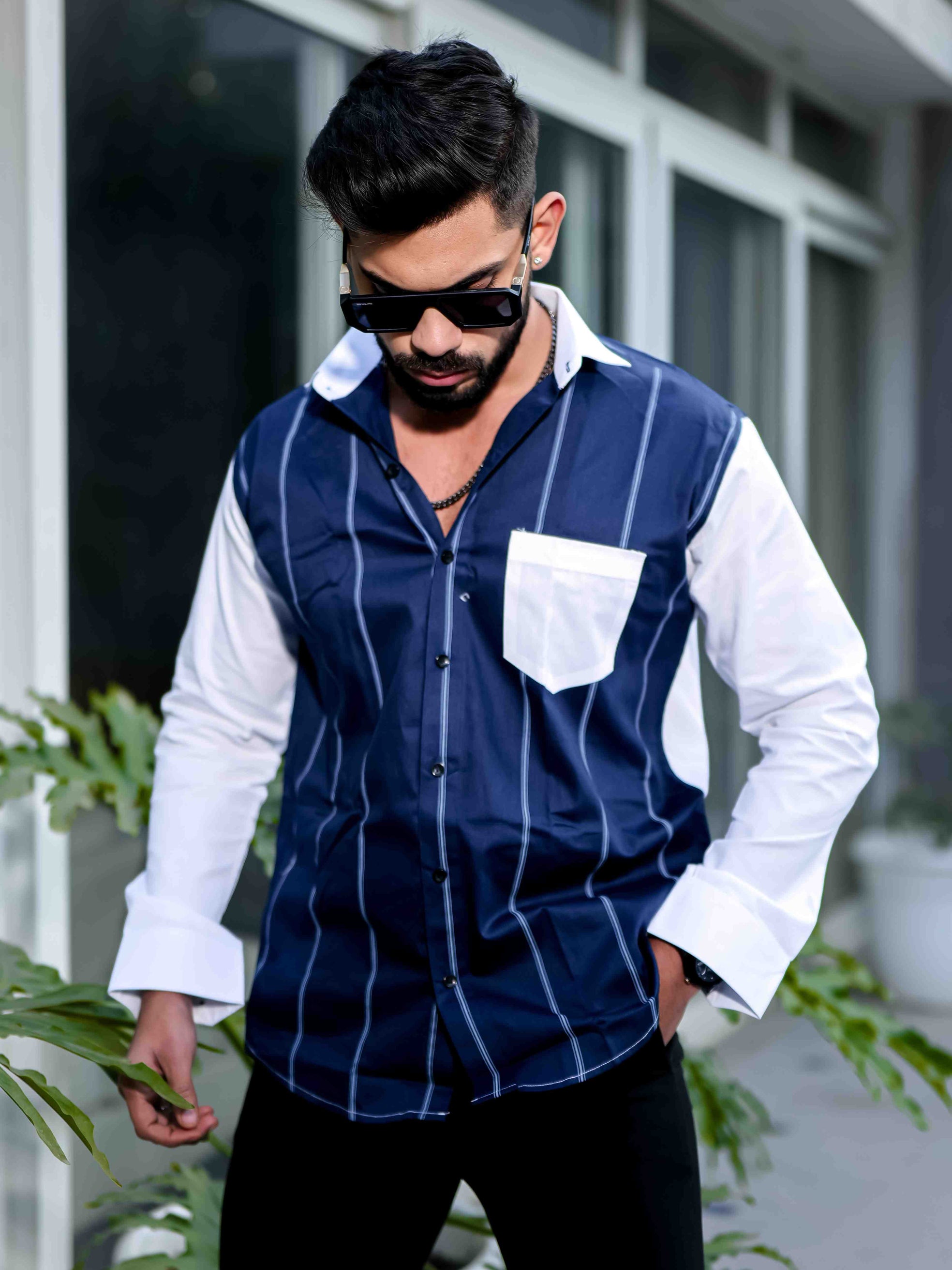 Blue Satin Cotton Cut N Sew Designer Shirt