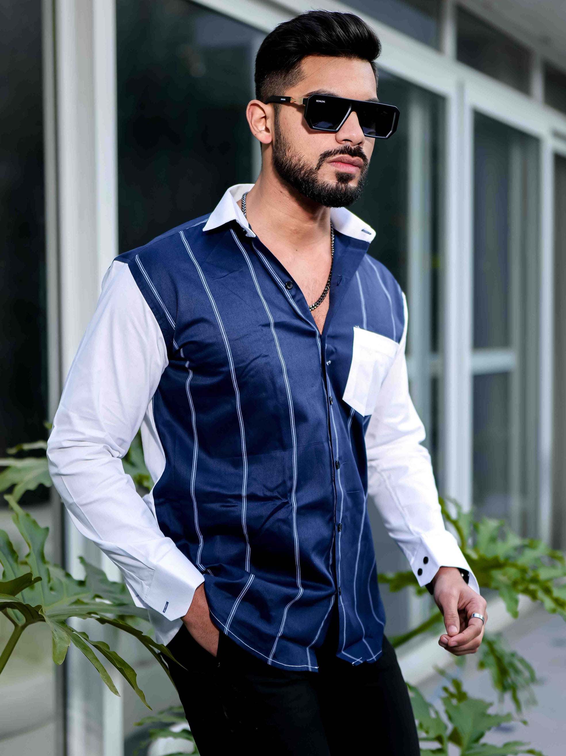 Blue Satin Cotton Cut N Sew Designer Shirt