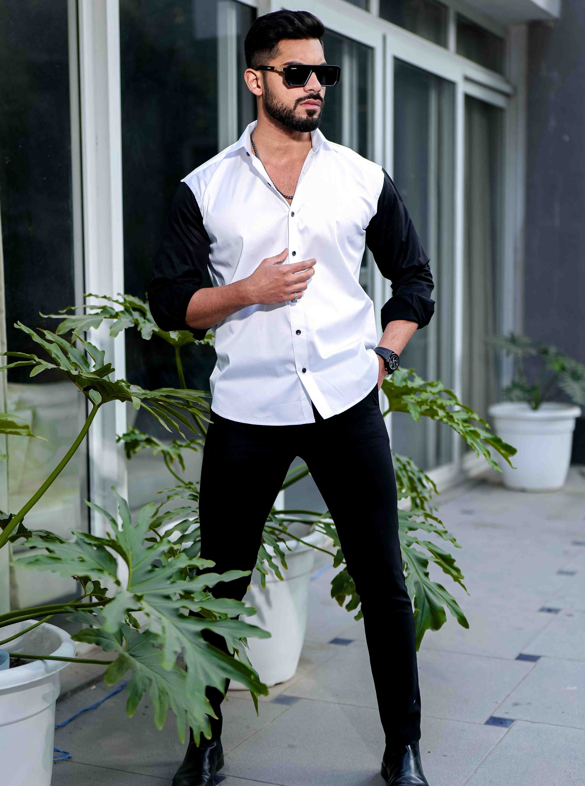 White And Black Satin Cotton Cut N Sew Designer Shirt