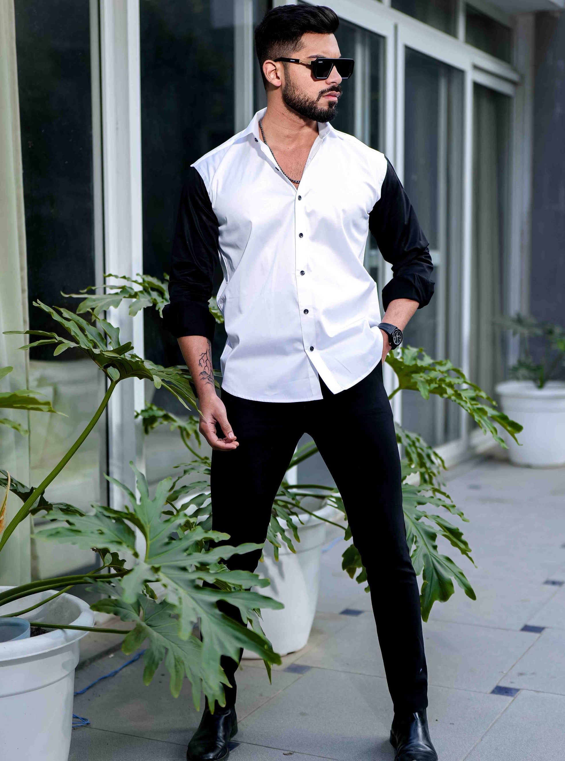 White And Black Satin Cotton Cut N Sew Designer Shirt