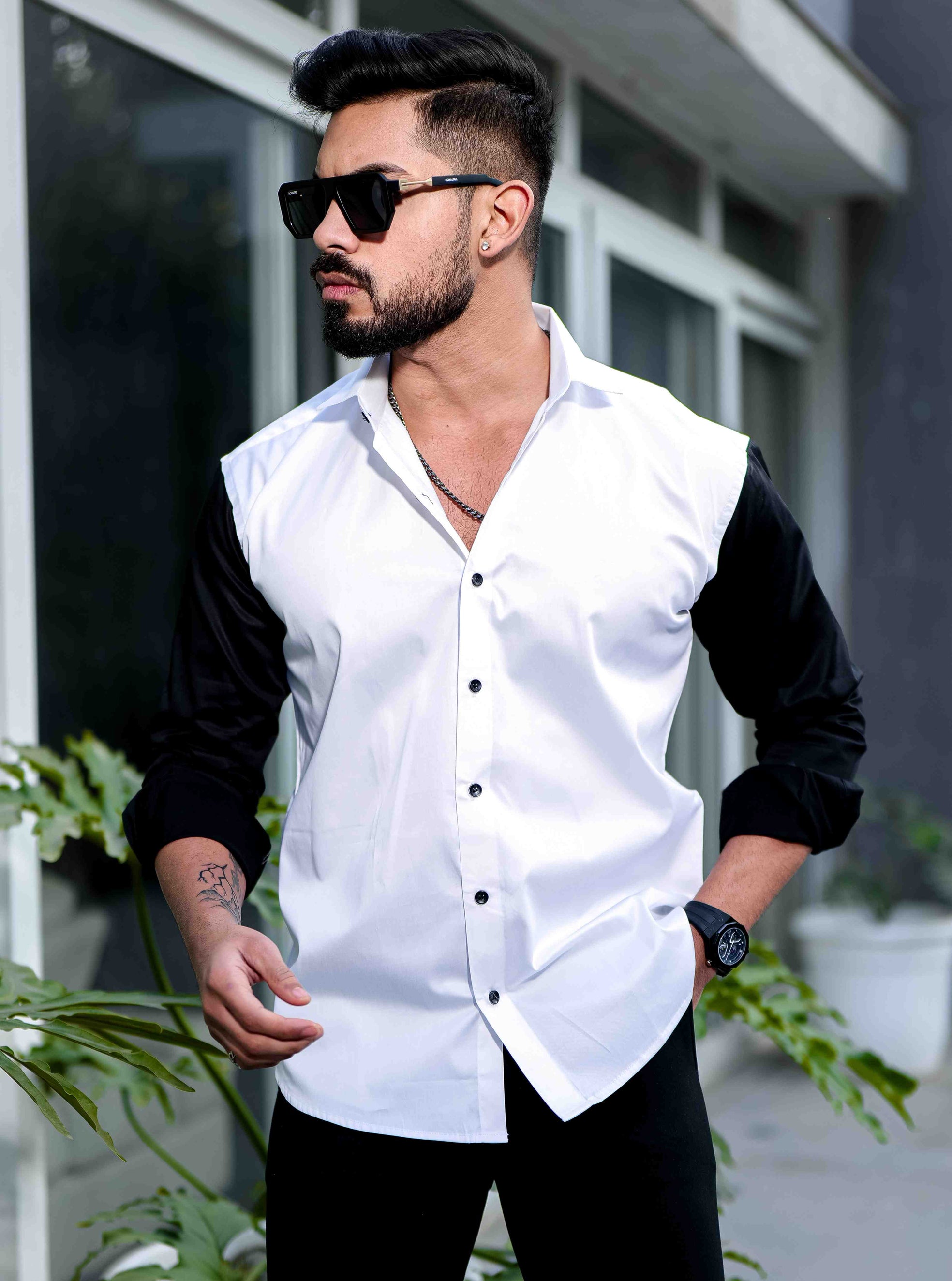 White And Black Satin Cotton Cut N Sew Designer Shirt