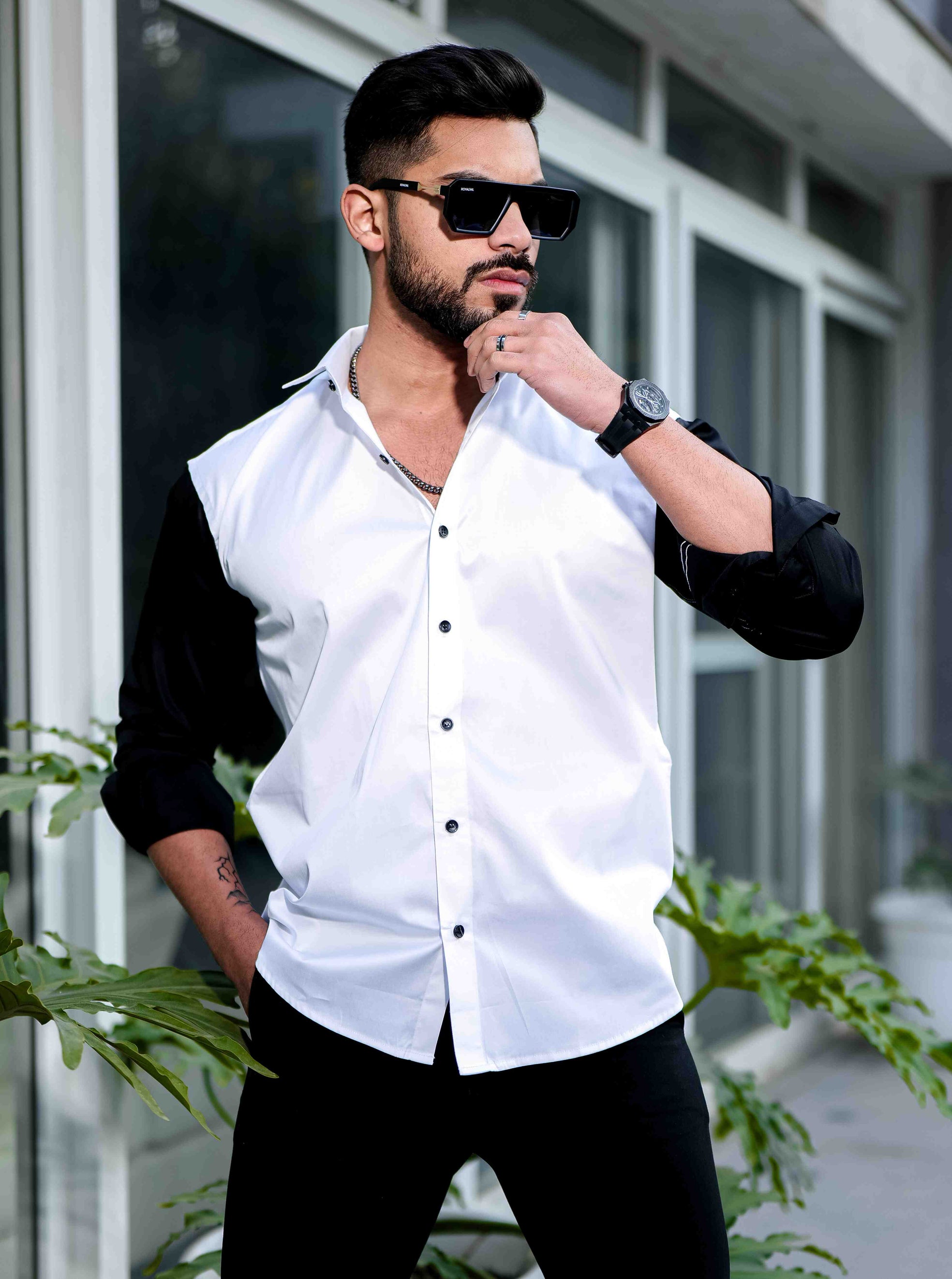 White And Black Satin Cotton Cut N Sew Designer Shirt