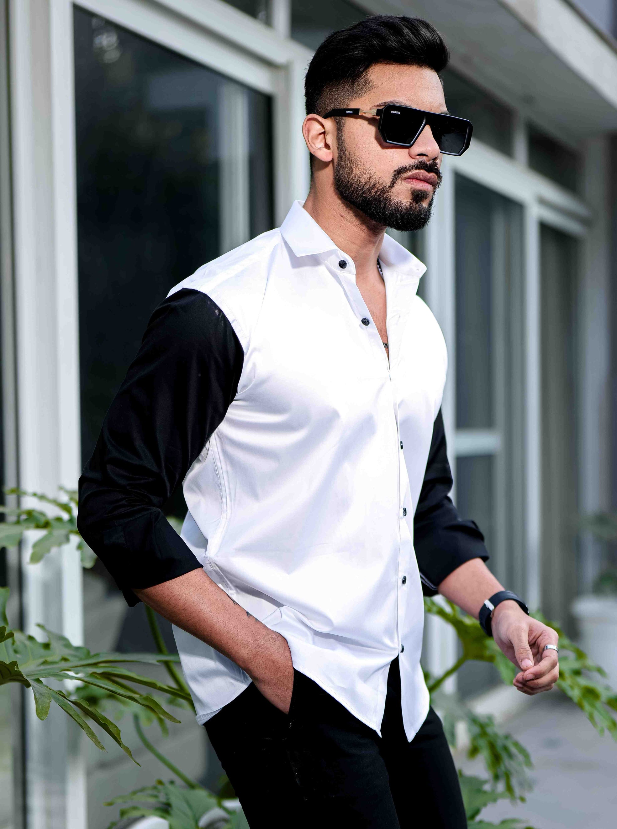 White And Black Satin Cotton Cut N Sew Designer Shirt