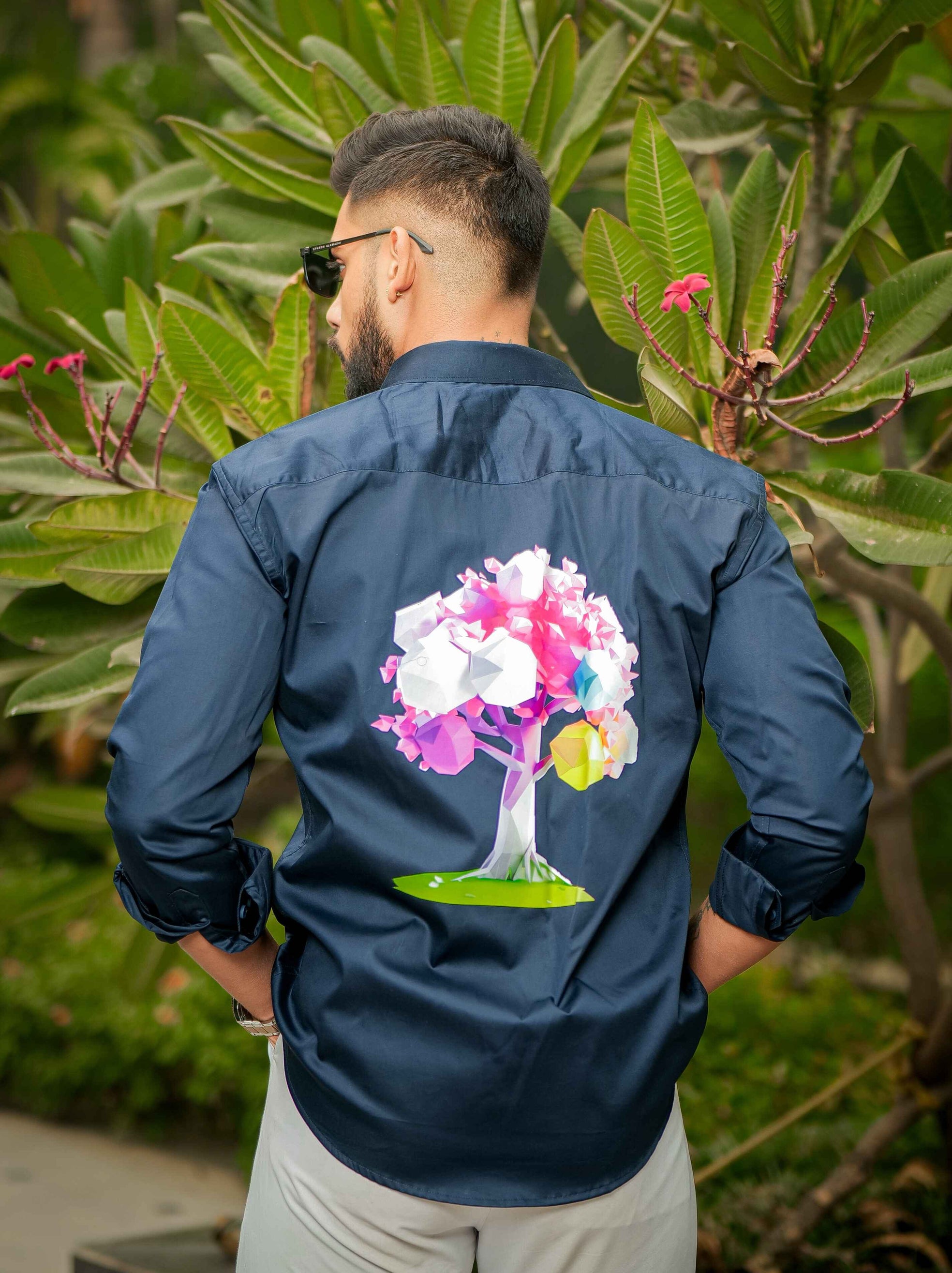 Blue Club Wear Printed Satin Cotton Shirt