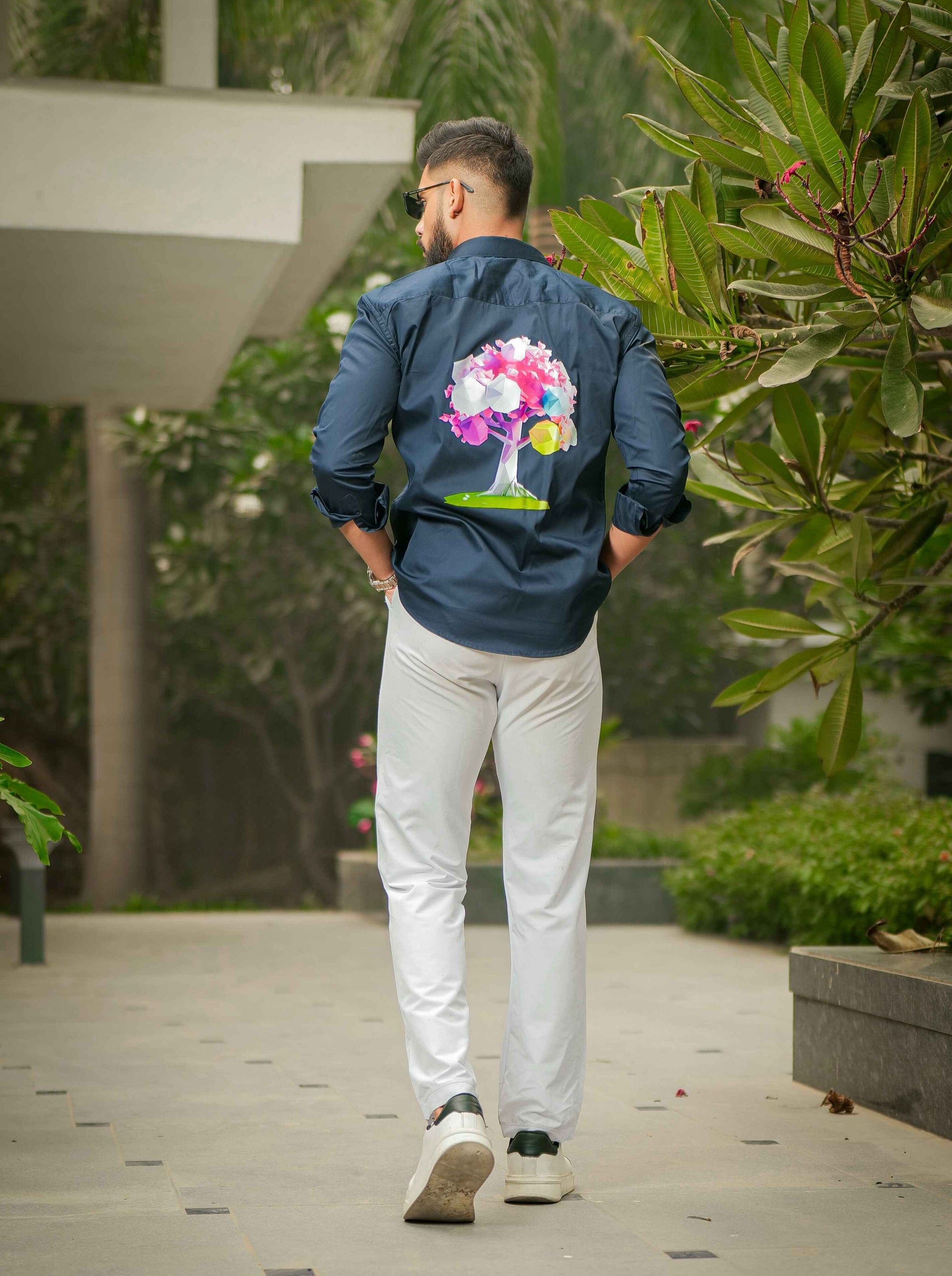 Blue Club Wear Printed Satin Cotton Shirt