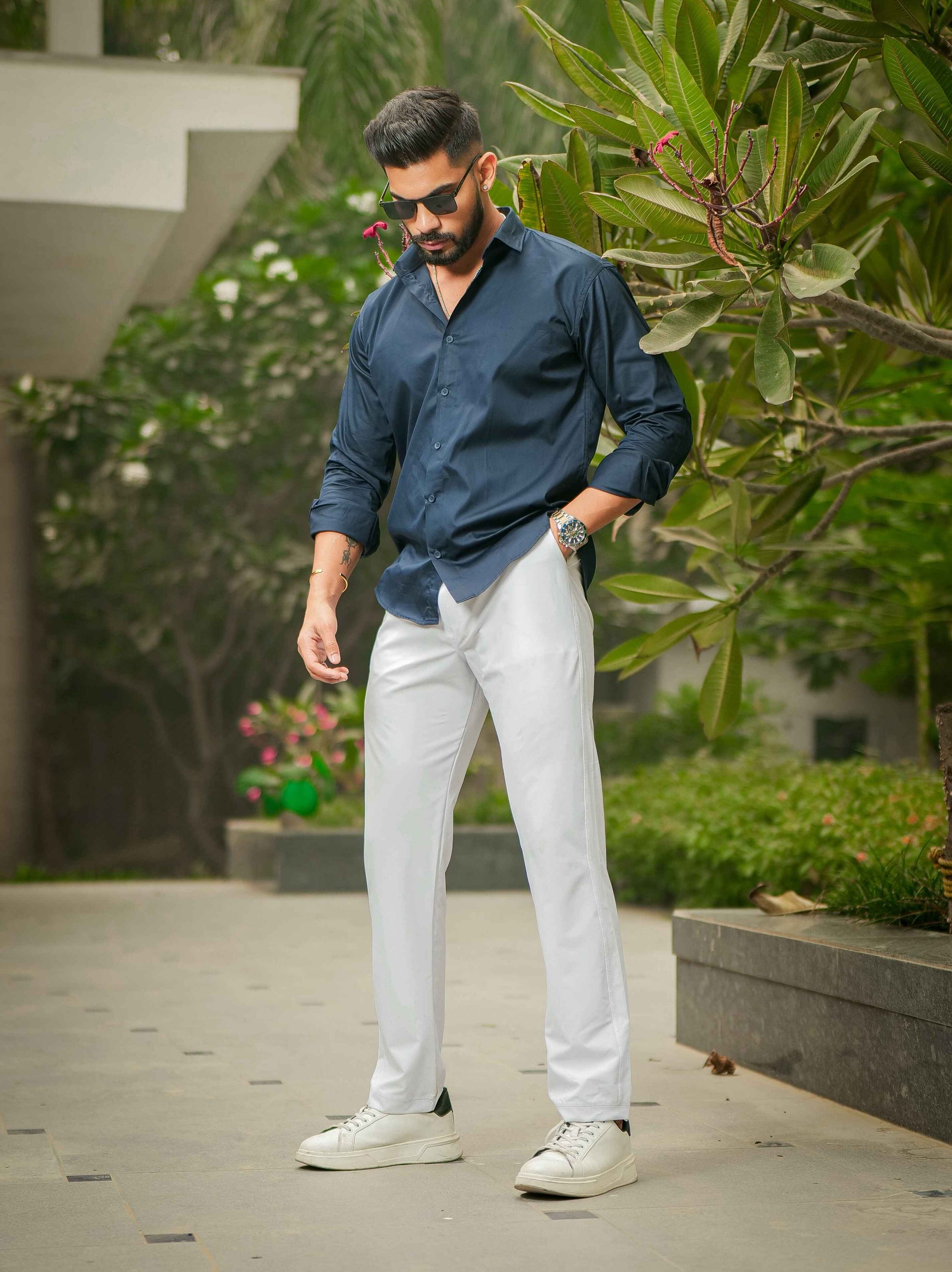 Blue Club Wear Printed Satin Cotton Shirt