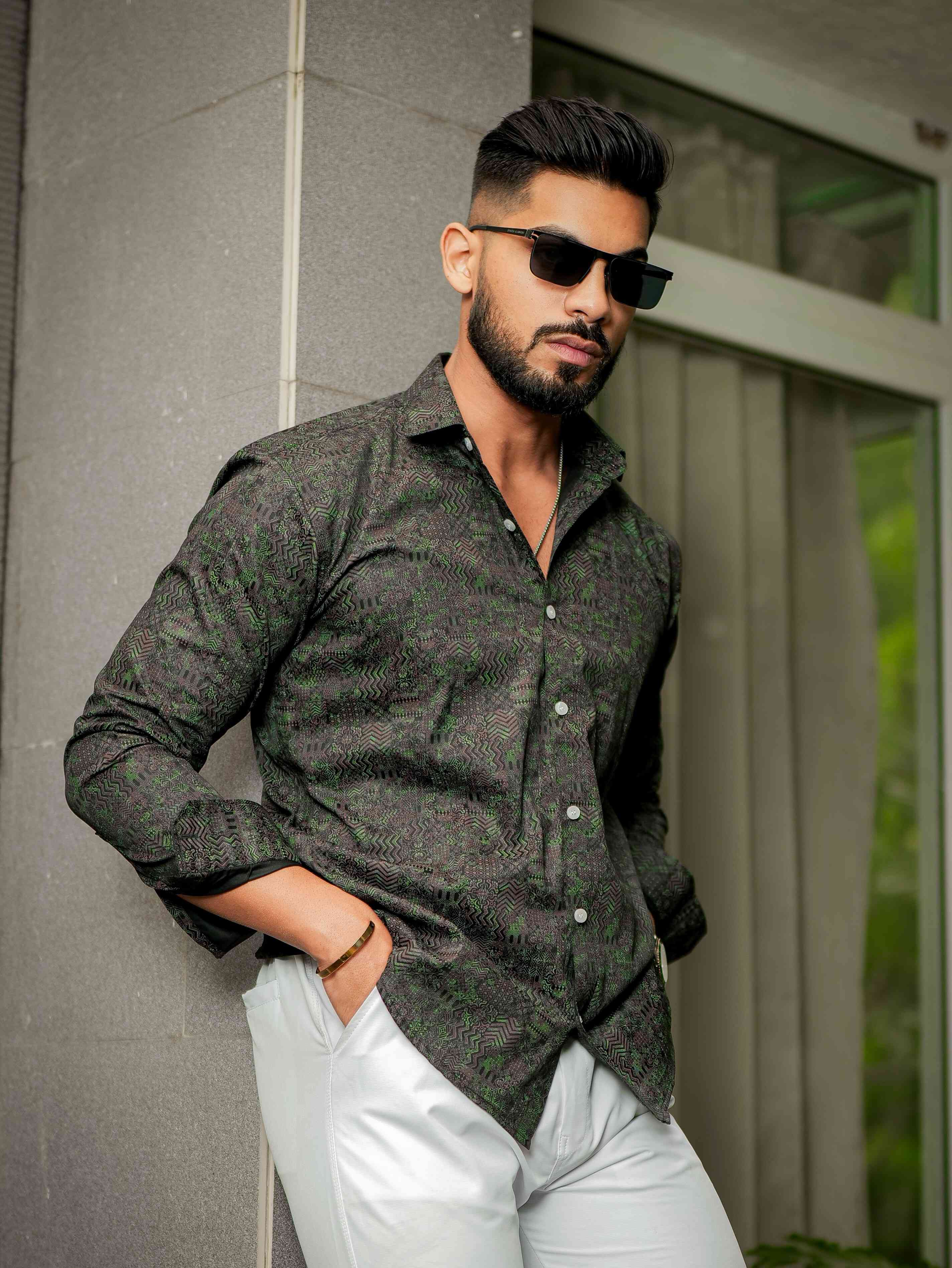 Dark Green Satin Print Premium Shirt